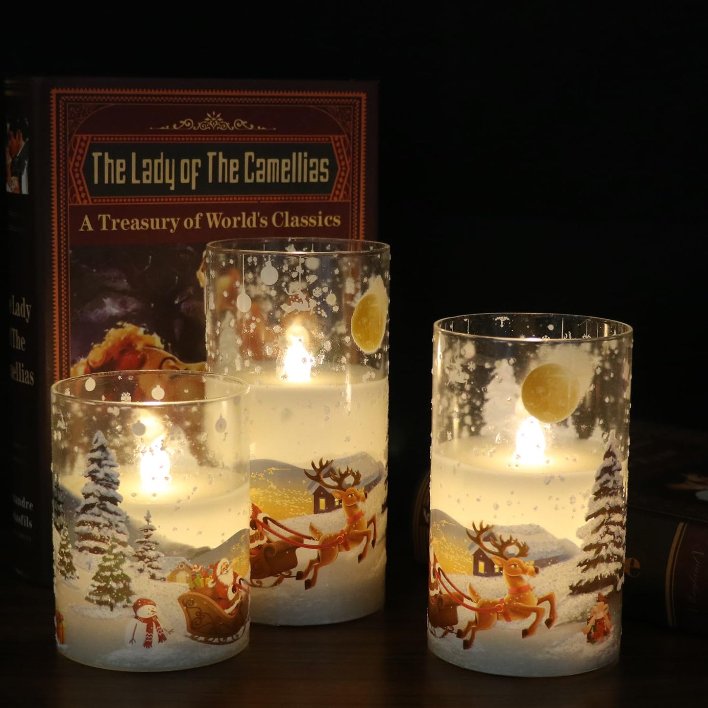 Lasumora Snowman Glass Flameless Candles with Remote Timer, Real Wax LED Pillar Candles Flickering, Battery Operated 3D Wick Candles for Home Décor Christmas Gifts (Pack of 3, D3” x H 4” 5” 6”)
