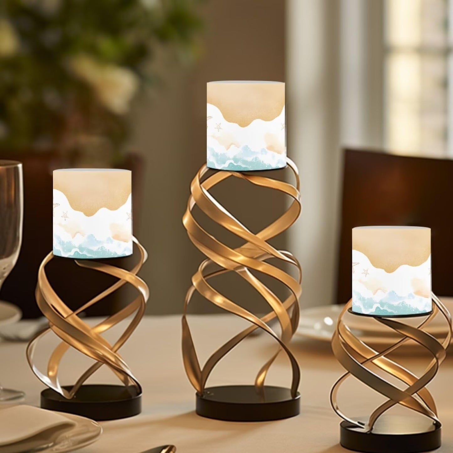 NETILGEN Beach Ocean Wave Decorative Flameless LED Pillar Candles with Timer Remote Control 4 Packs Set 3 inch Realistic Flickering Candles with Battery Powered