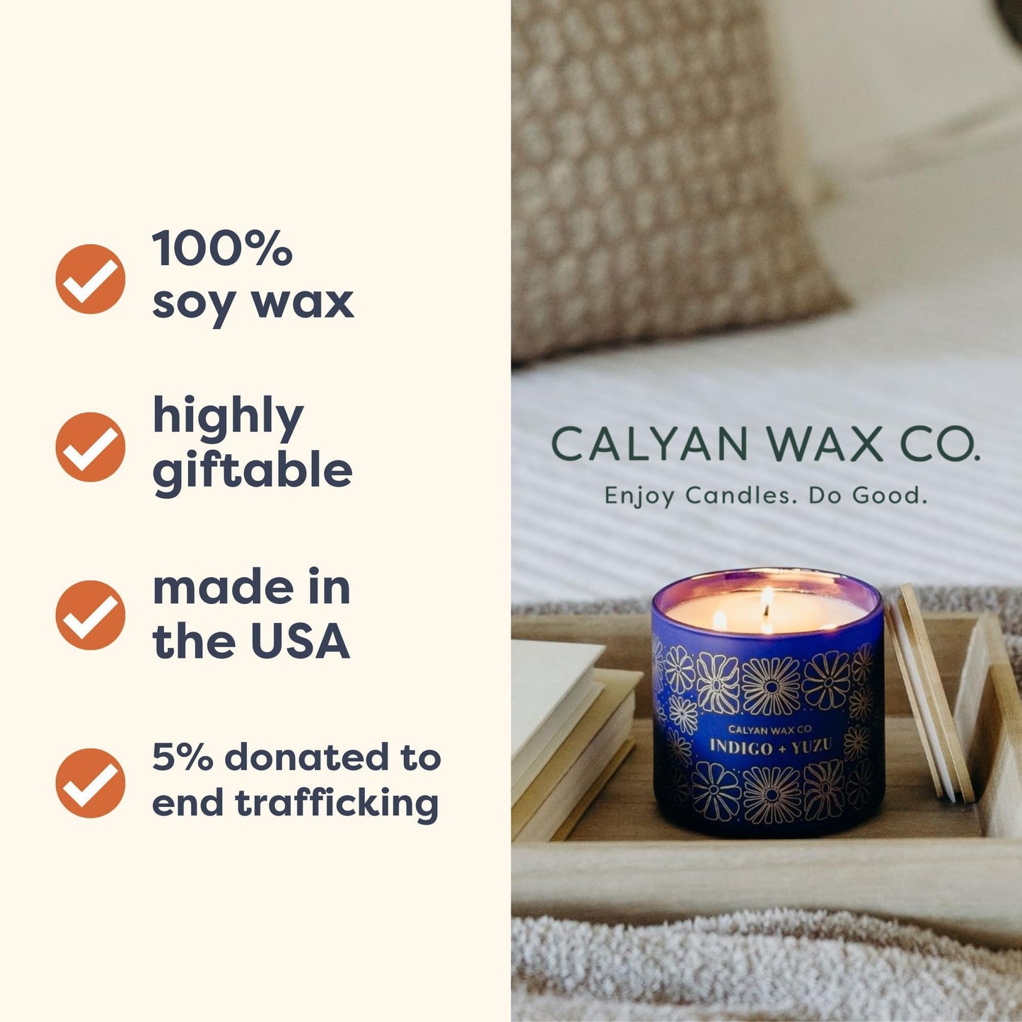 Calyan Wax Co. Indigo & Yuzu 3 Wick Scented Candle - 43 Hour Burn - Luxury 3 Wick Soy Candles - Clean Soy Wax Candles - Long Lasting Large Glass Jar Candle for Home - 14.9oz