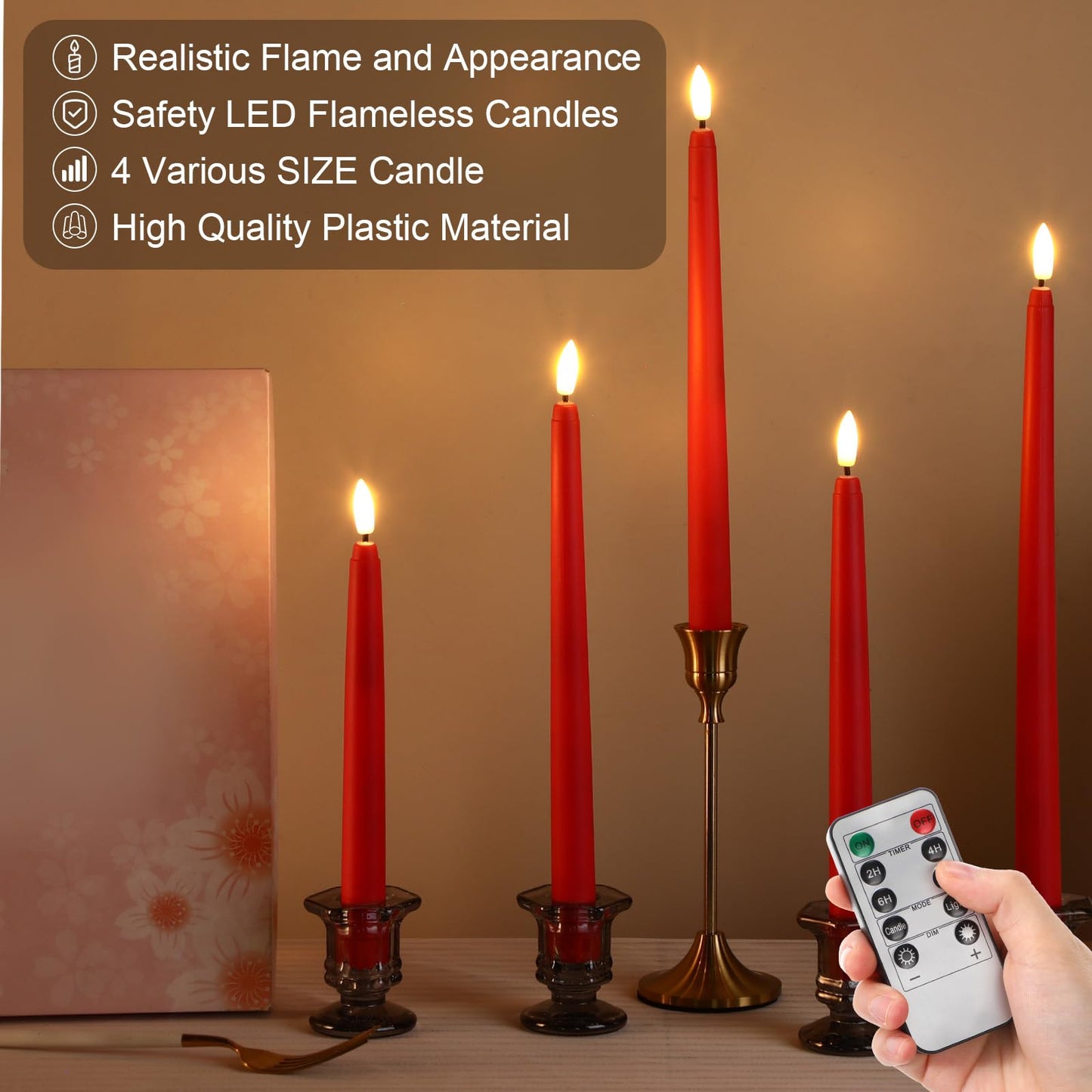 Rossesay 28 Pcs Flameless Taper Candles with Timer Remote 4 Sizes of 8.5", 9.6", 10.83", 12.8" LED Flickering Taper Candles Battery Operated for Valentine's Day Church Wedding Home Decor(Red)