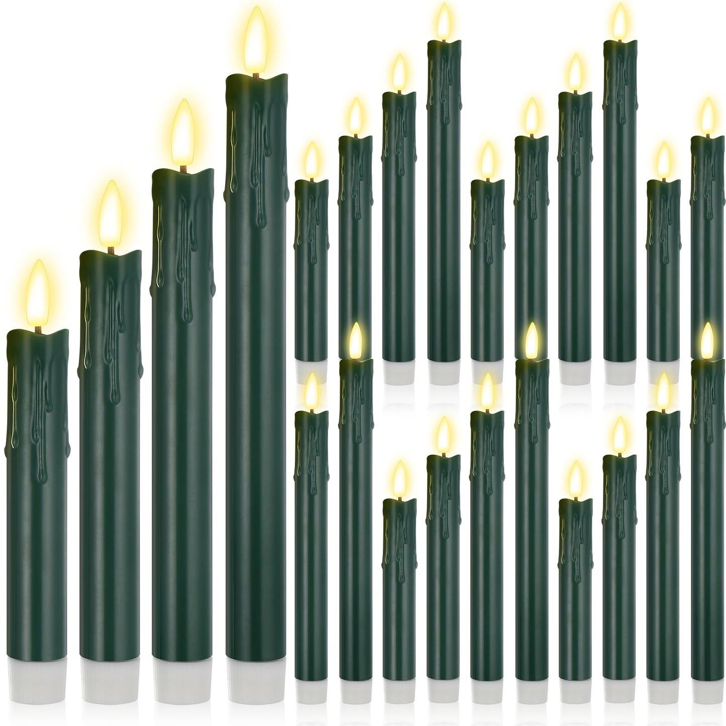 Macarrie 24 Pcs Green Flameless Taper Candles LED Battery Operated 6.5'', 7.7'', 8.8'', 10'' 3D Flickering Flame Candlesticks Drip Wax Shaped Candles for Wedding Birthday Party Decor