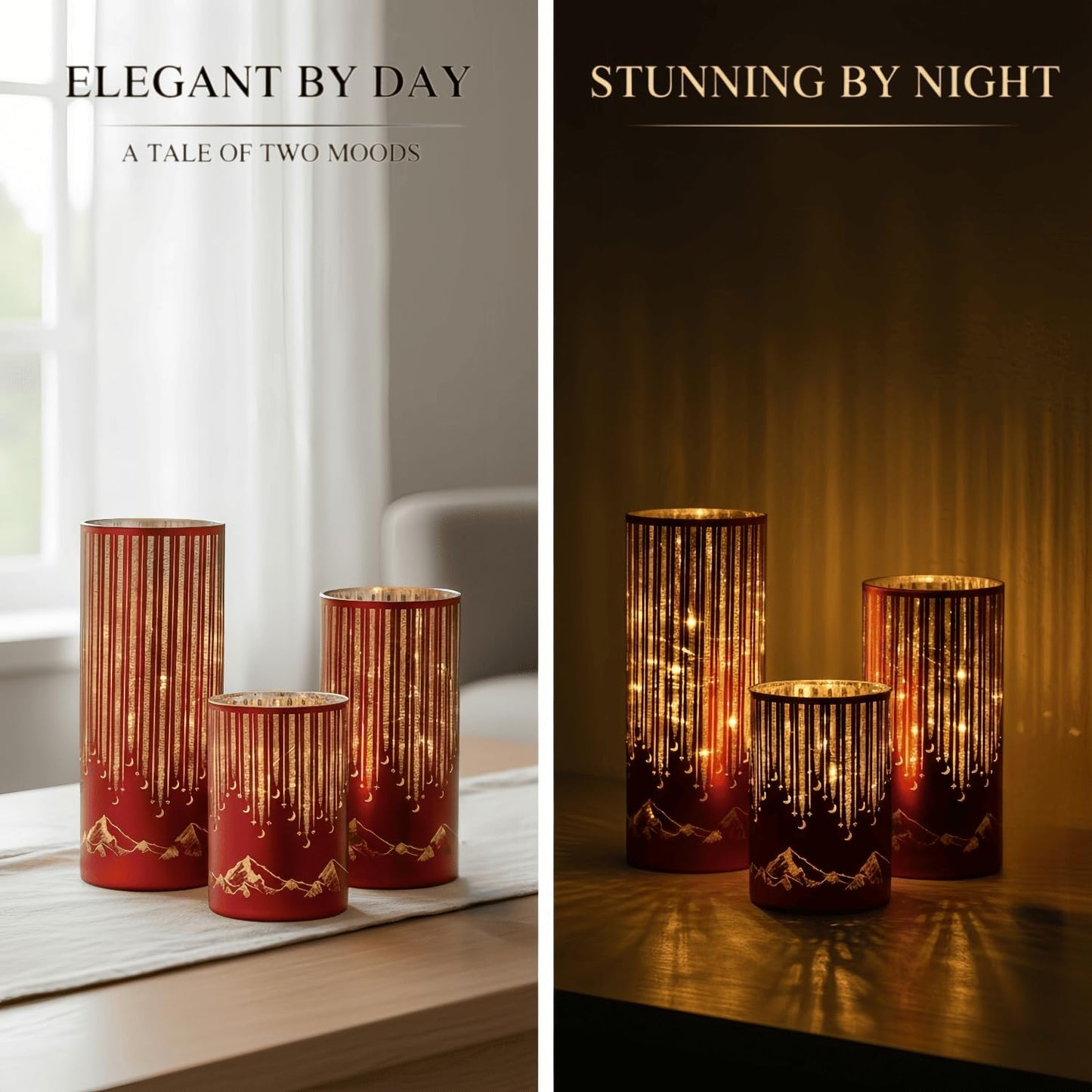 Ashroder Starry Night Elegant Hurricane Candleholders with LED Flickering Lights & Remote Timer, Decorative Glass Hurricanes for Indoor Table Centerpieces & Year-Round Home Decor, Set of 3 (Red)