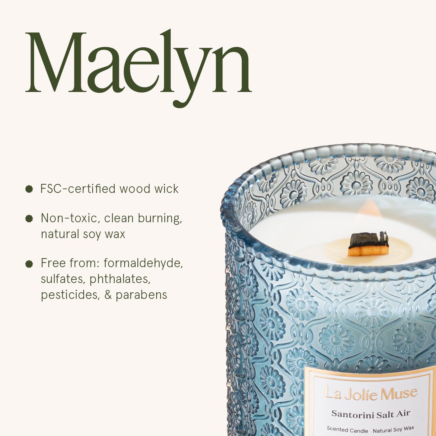 LA JOLIE MUSE Santorini Salt Air Candle - Bergamot, Sea Daffodil, Sandalwood | 19 oz Large Wooden Wick Candle | Natural Soy Wax | 90 Hours Clean Burn | Ocean Scented Candle