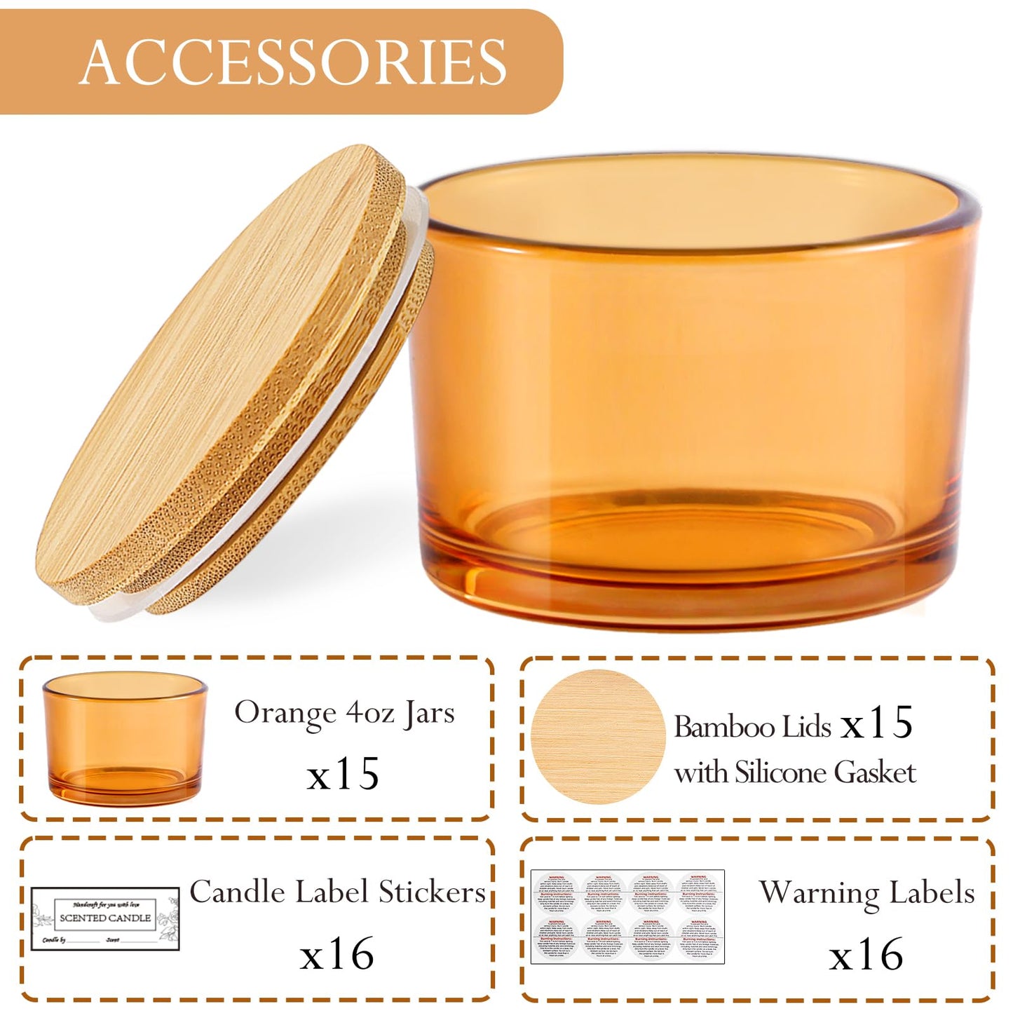 CONNOO 15 Pack 4oz Orange Glass Candle Jars with Airtight Bamboo Lids for Making Candles, Bulk Small Wide Mouth Empty Candle Containers with Sticky Warning Labels - Dishwasher Safe