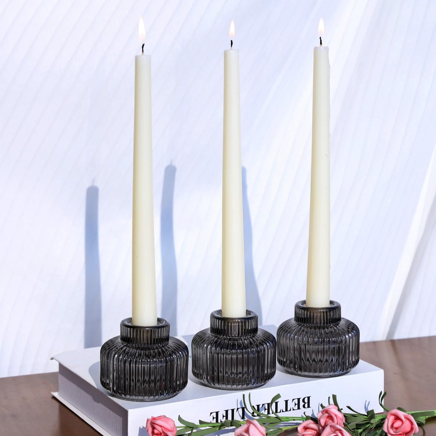 Woho Smoky Grey Candlestick Holders Set of 4 for Votives/Tea Lights, Ribbed Glass Taper Candle Holders for Table Centerpiece, Reversible Candle Sticks Holder Decor for Daily Home Decor