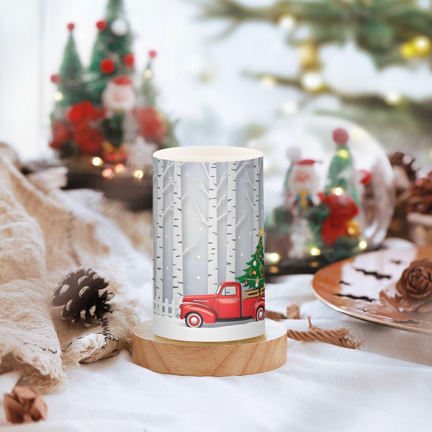 Winter Season with Red Truck Carry Christmas Tree Flickering Flameless Candles Battery Operated with Remote Timer,Tea Light Candles LED Pillar Votive Candles set of 2 for Outdoor Indoor Decorations