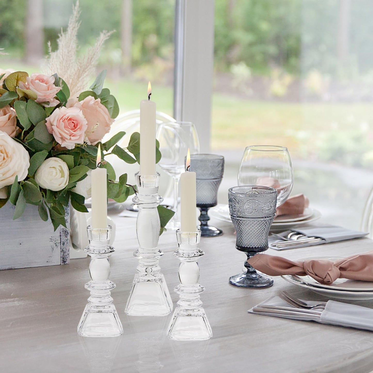 CHOCSTAY Glass Candlestick Holders Set of 3, Clear Taper Candle Holders for Table Centerpiece, Home Decorations, Wedding and Party