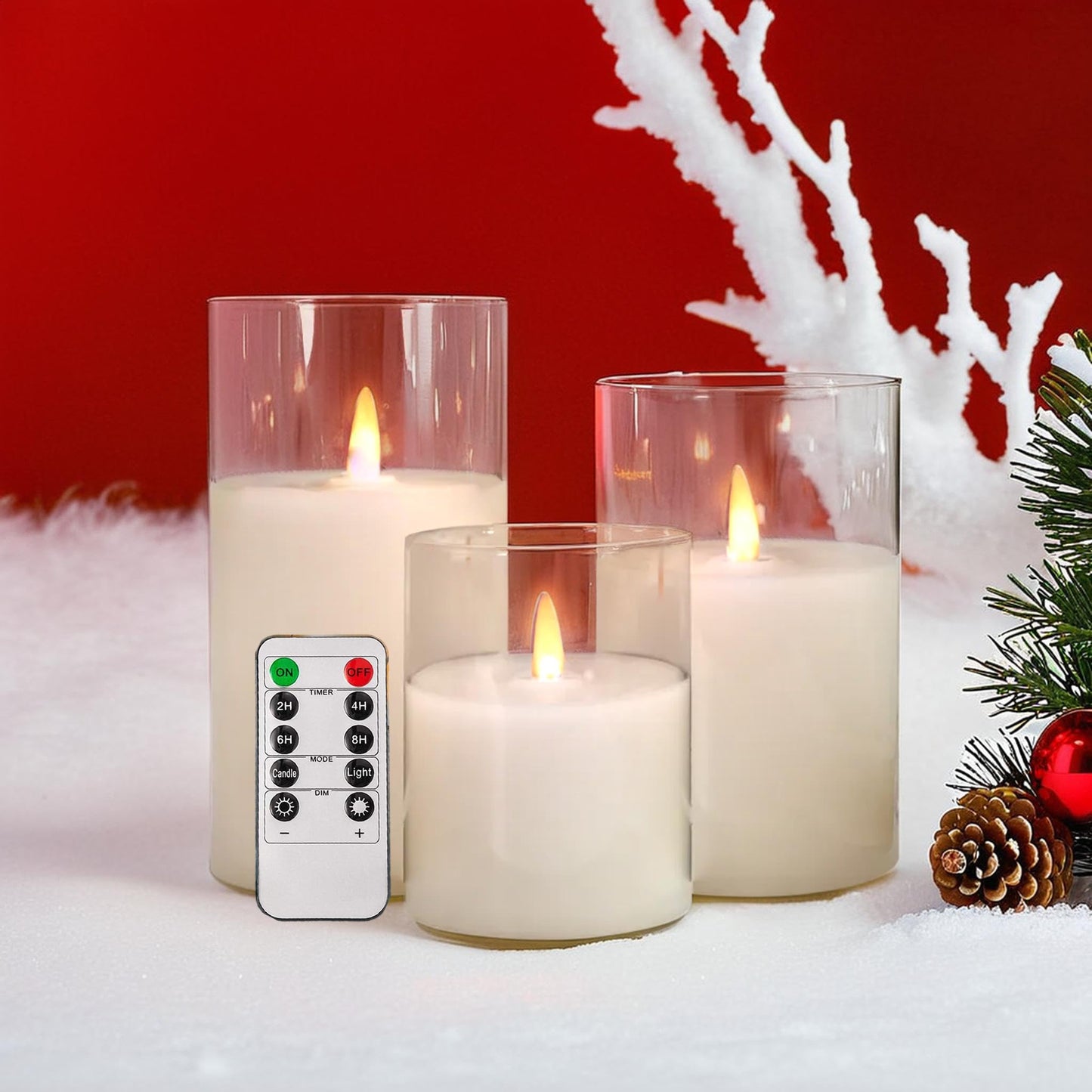 NICEME Clear Glass Flameless Candles Battery Operated with Remote Timer, Real Wax LED Pillar Candles with Flickering Flame Pure White Radiance Evanescing Fake Candles for Wedding Home Decor, Set of 3