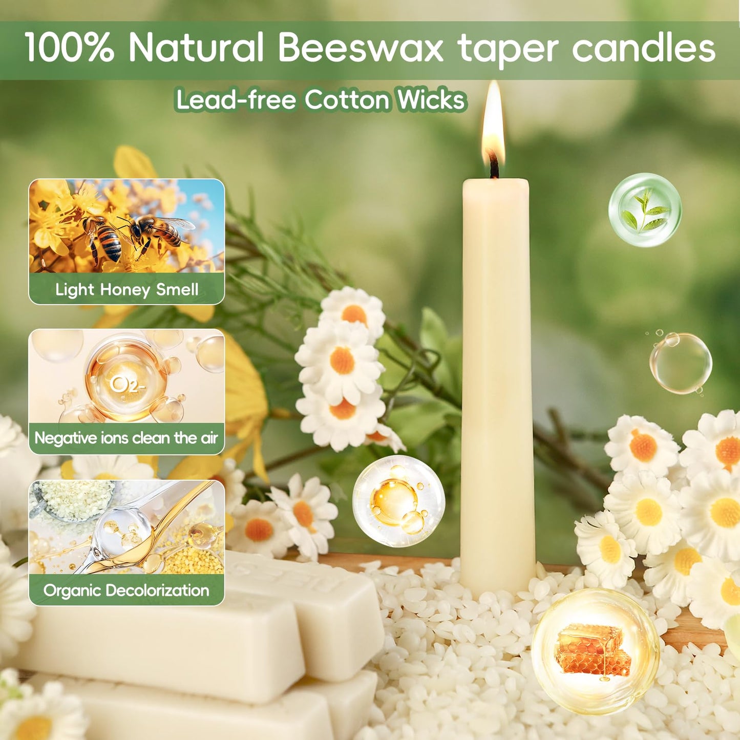 8 in Beeswax Taper Candles,18 Pack Dripless Pure White Beeswax Candle Sticks,8 Hours Long Burning Natural Bees Wax Candles for Home,Unscented Smokeless Tapered Candlesticks for Dinner