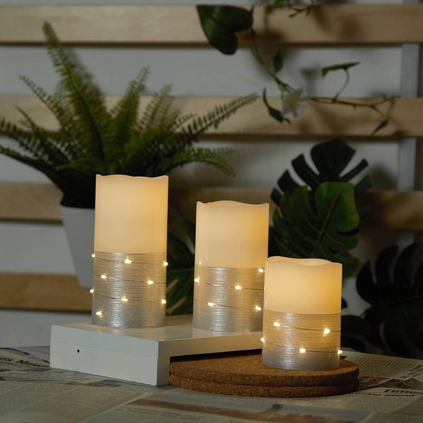 H-BLOSSOM Flickering Flameless Candles Ivory Real Wax Pillar with Embedded String Lights LED Candles Battery Operated with 10 Key Remote and Cycling 5H Timer Set of 3 (3" x 4"/5"/6") (Silver)