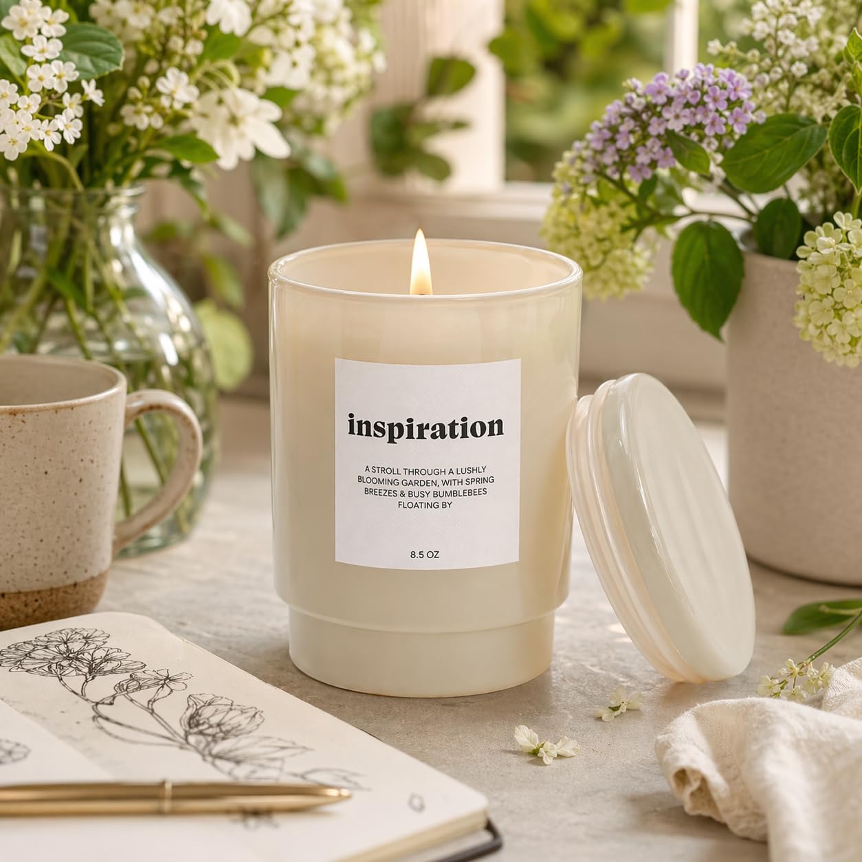 AromaLight 8.5oz with Lid Glass Jar Candle in Ivory – Fresh Morning Scent, Inspiration Collection, Travel & Desk Size