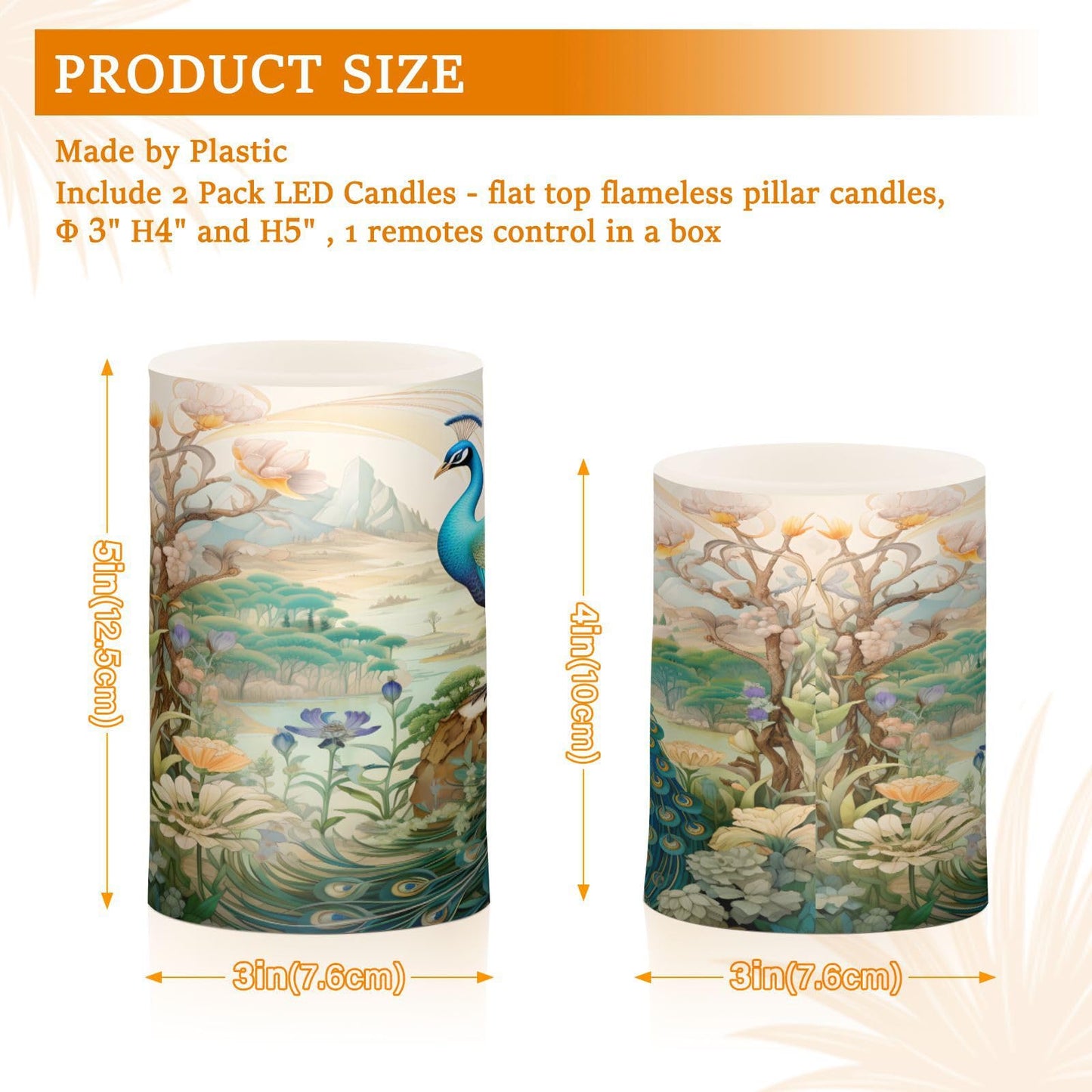 BOENLE Flickering Flameless Candles, Peacock Garden LED Candles with Remote Timer, Set of 2 Battery Operated Candle for Valentine Wedding Birthday