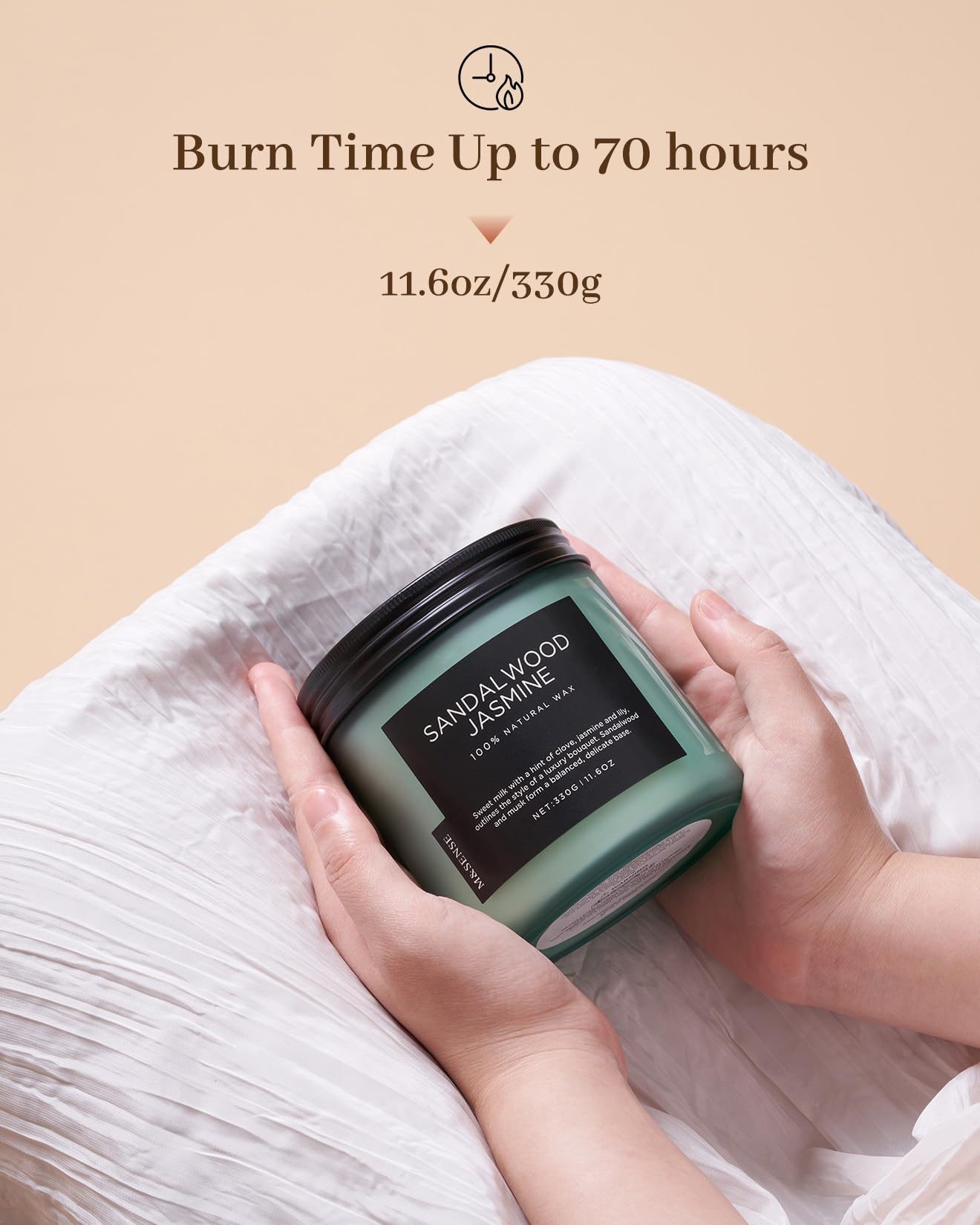 M&SENSE Sandalwood Jasmine Home Scented Candles, 11.6oz Organic Natural Soy Wax, 70 Hours Long Lasting Slow Burning, Non Toxic Clean Burn, Spring Floral Smelling for Meditation Relaxation