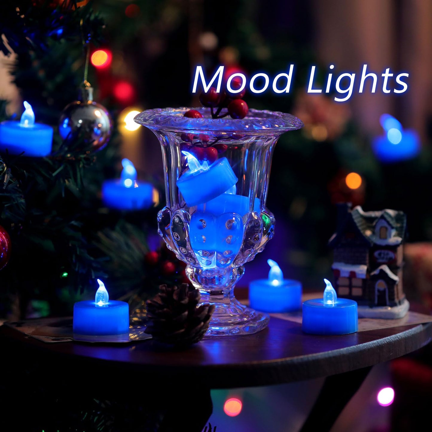 LANKER 24 Pack LED Tea Lights Candles, Flickering Blue Flameless Tealights, Long Lasting Battery Operated Fake Candles, Decoration for Halloween and Christmas (Blue - 24pcs)