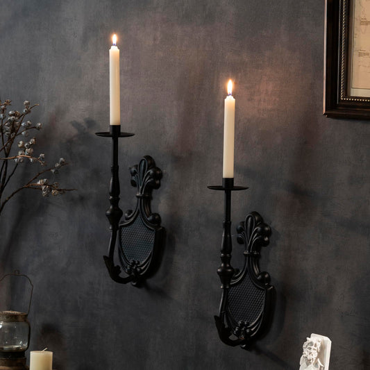 Woparty Gothic Wall Sconce Candle Holder for Taper Candles (Set of 2) Black Victorian Wall Decor for Living Room, Bathroom,Dining Room - 14.1 x 4.7 inch