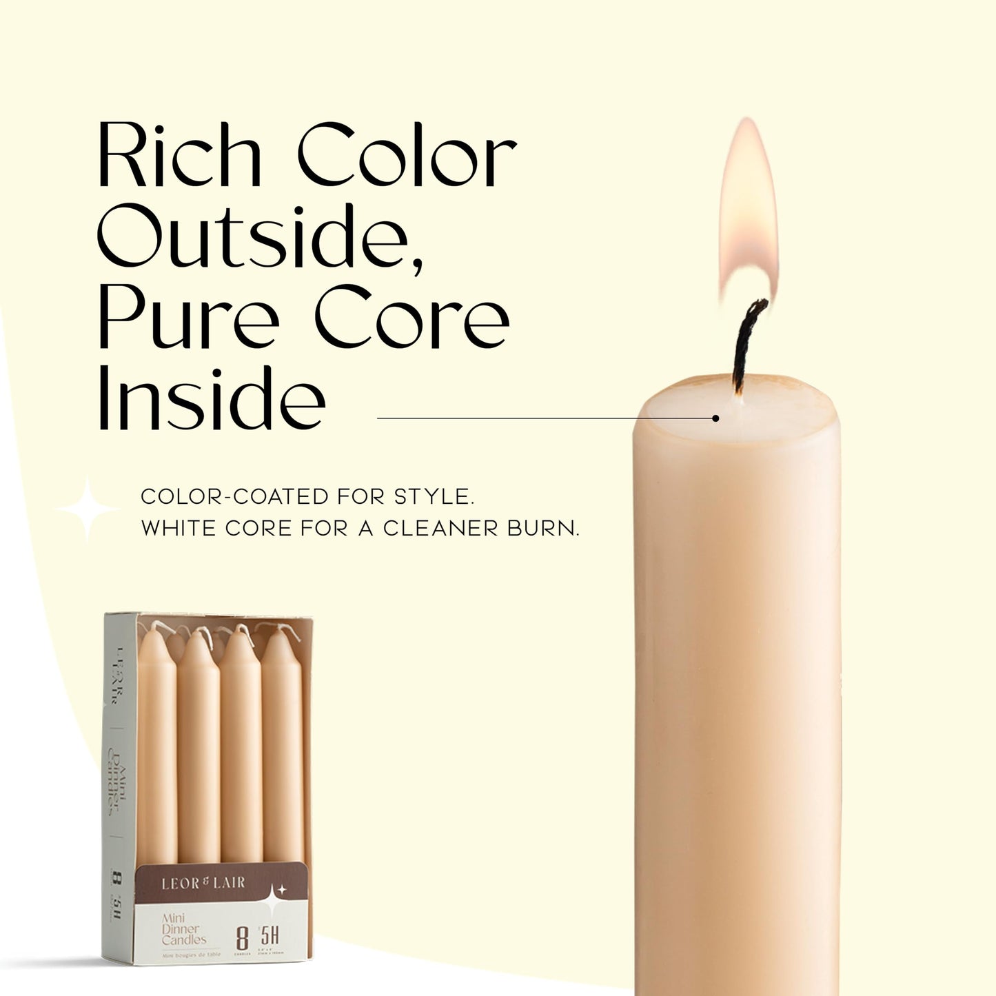 Leor & Lair Beige Candlesticks – Pack of 8 Unscented Short Candle Sticks with Cotton Wick – 5 Hour Burn 6 Inch Taper Candles for Rustic Table Candles & Everyday Dinner