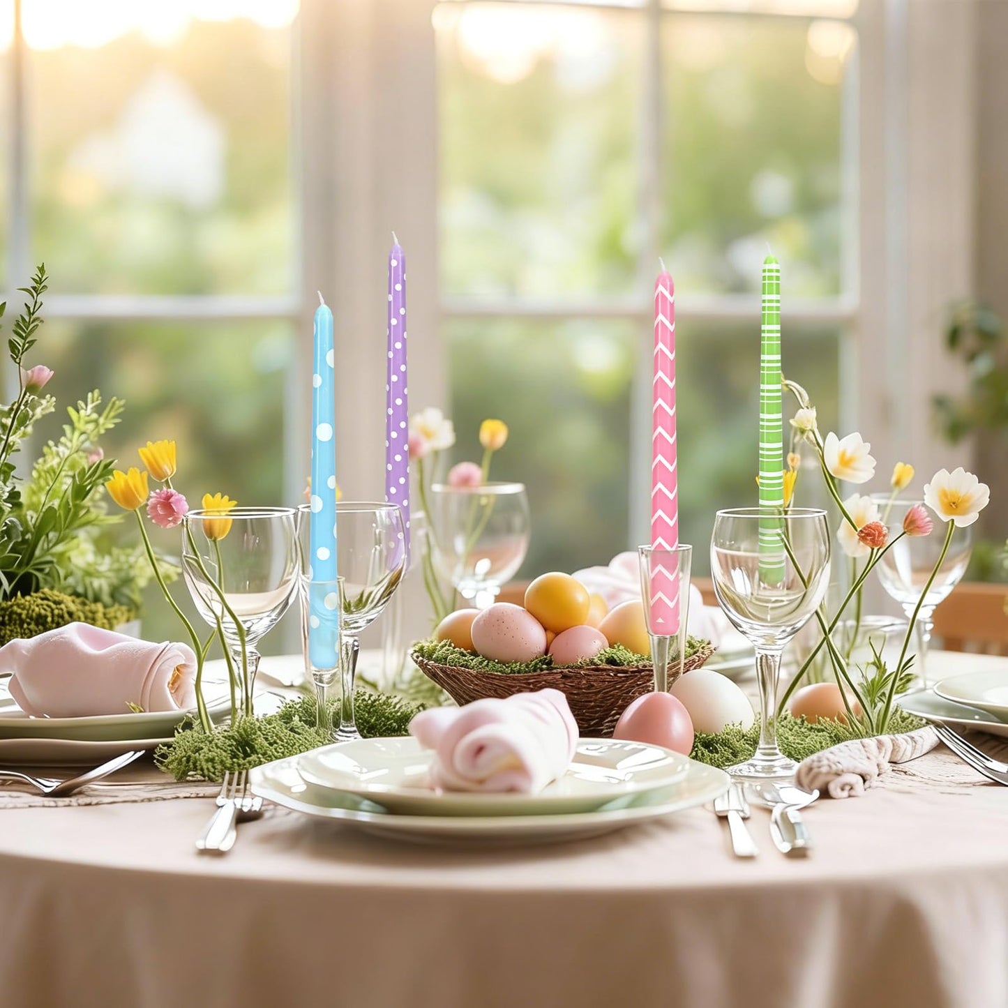 JarThenaAMCS 12Pcs Easter Dripless Taper Candles 10 Inch Long Unscented Candle Sticks Pastel Polka Dot Stripe Wavy Candle for Spring Wedding Anniversary Birthday Party Table Decoration