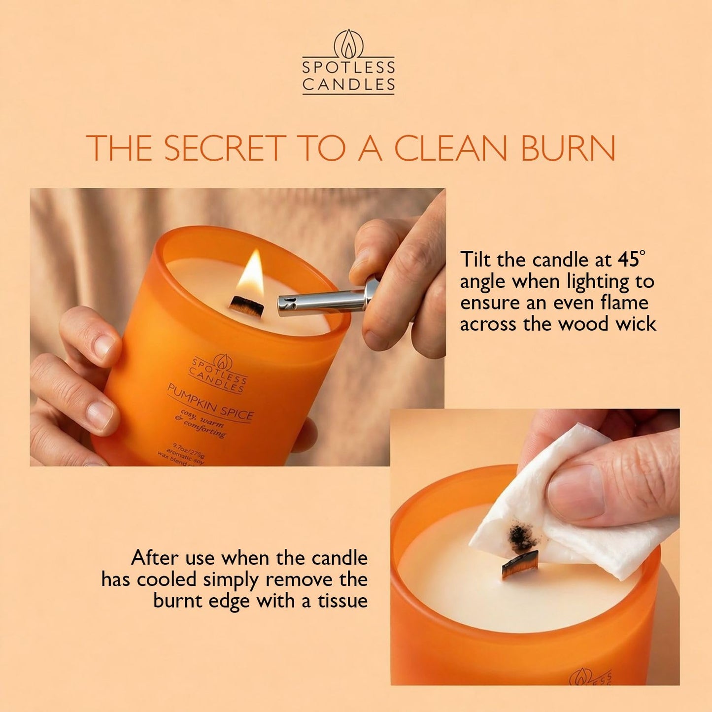 Pumpkin Spice Candle; 9.7 oz:, 55 Hrs Burn Time, Soy Wax Orange Frosted Jar with Crackling Wooden Wick & Luxury Gift Box: Pumpkin Spice Scented Candle by Spotless Candles