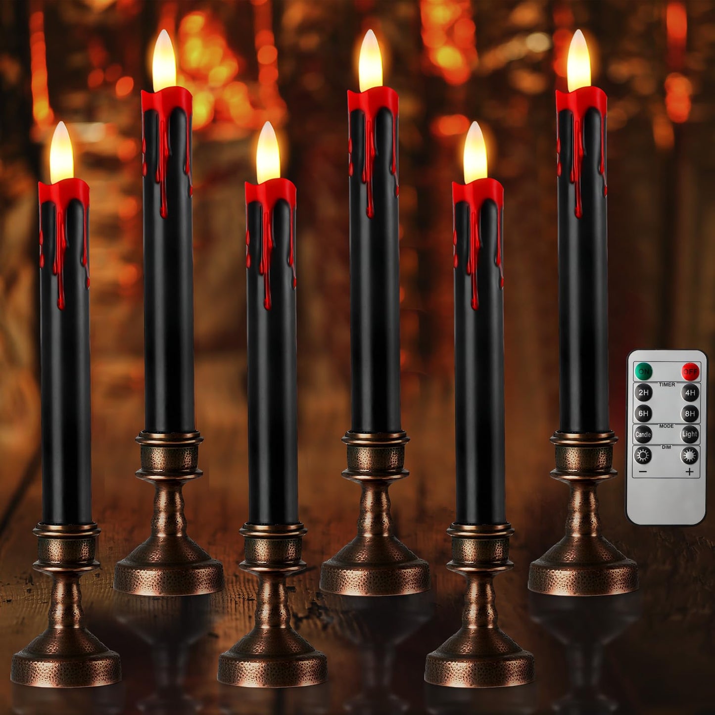 Sratte 6 Sets Halloween Blood Dripping Candle Decoration Led Flameless Candle with Candlestick Holder and Remote Battery Operate Vampire Tears Scary Creepy Decor for Indoor Home (Brown Holder)