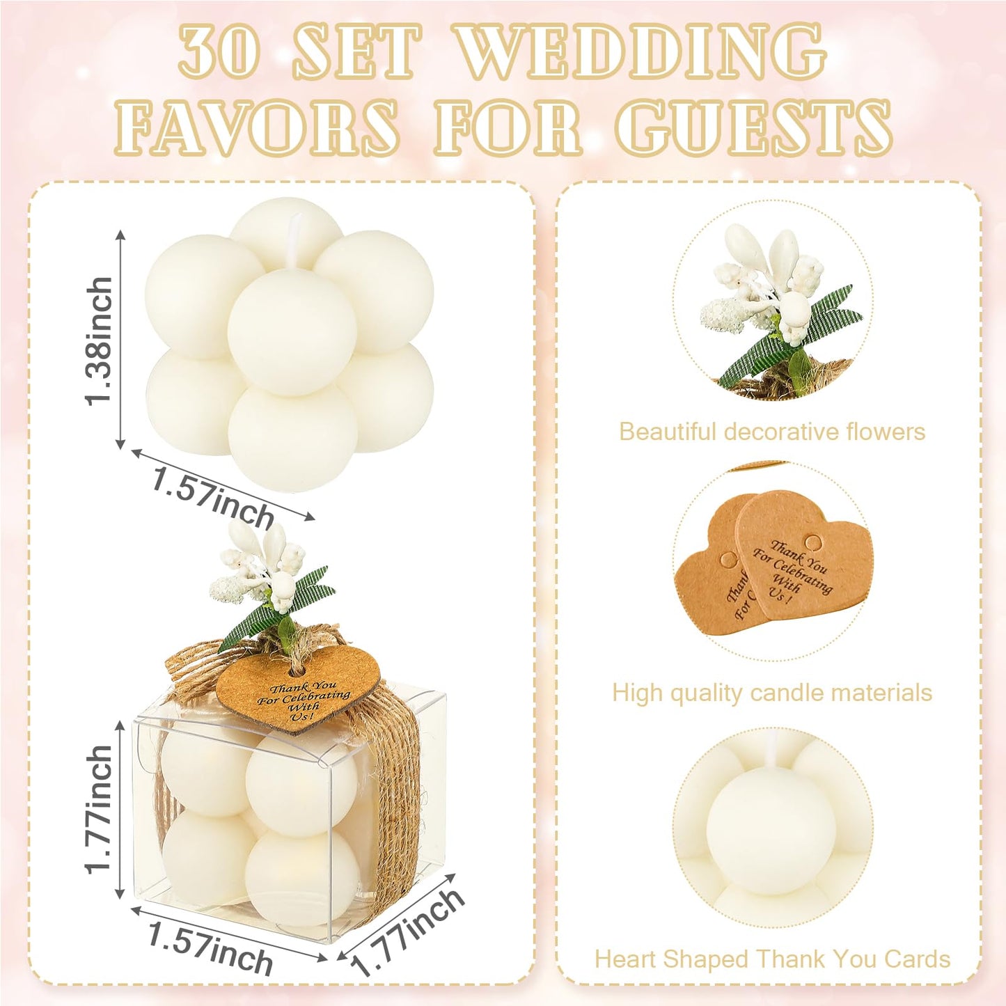 MTLEE Mini Bubble Candles Wedding Favors Gifts for Guests 1.57" x 1.38" Bubble Candles with Cards Dried Flowers DIY Gift Set for Baptism Party Bridal Shower Thank You Gifts(Ivory,30 Sets)