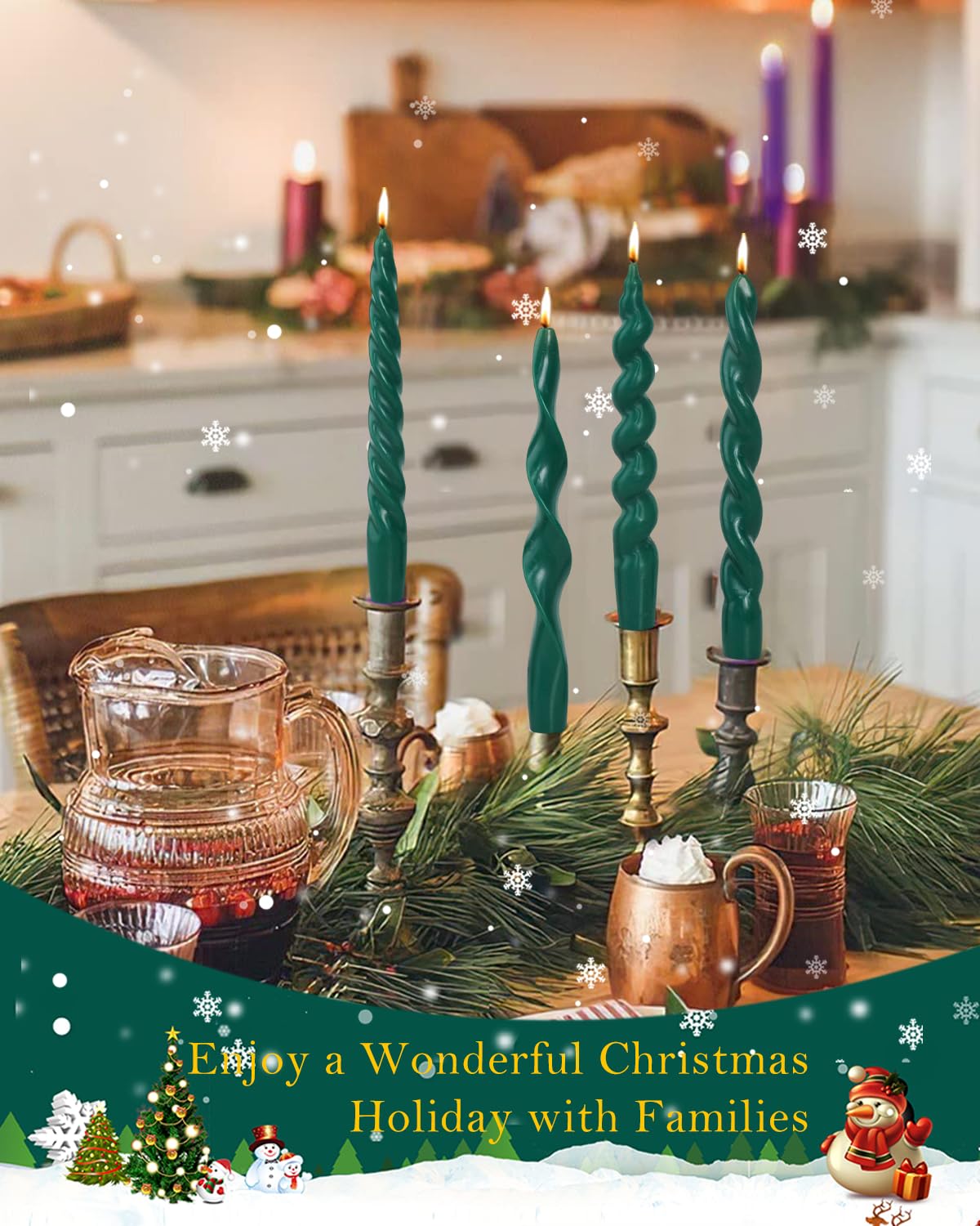 Spiral Taper Candles Green Short Candle Sticks Unscented Smokeless Twisted Candlesticks for Holiday Dinner Party Christmas Decorations-7.5inch-4pack