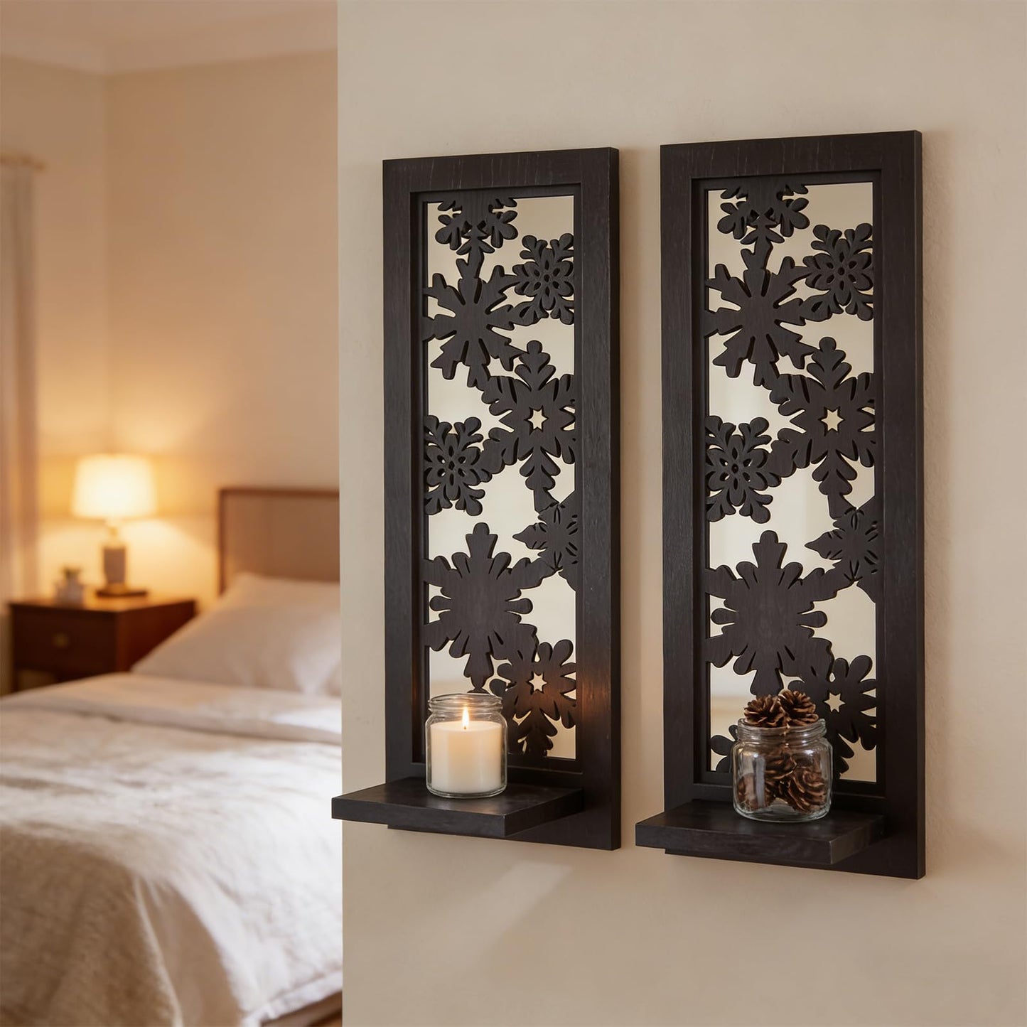 ZEXUIRU 2 Set Rustic Candle Sconces Living Room Bedroom Entryway Wood Mirrored, Farmhouse, Carved Frame Wall-Mount Wooden Candle Holders Wall Decor Hanging Handmade Holder - Black