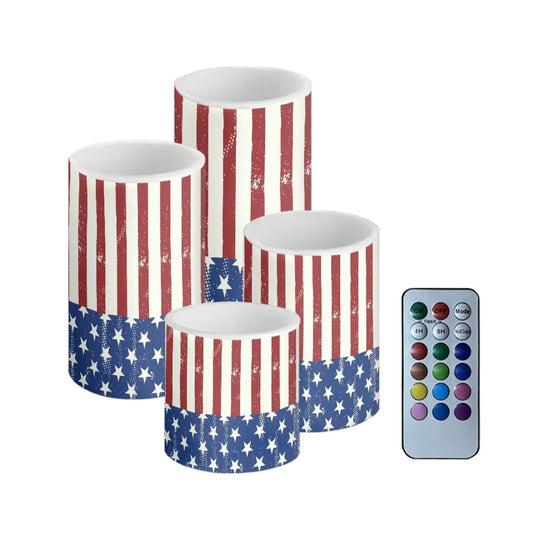 Merkmak The Stars and Stripes Print Battery Operated LED Candles with Timer Flameless Candles with Remote 4Pcs Outdoor Lanterns for Porch Outdoor 4th of July Party Home Decorations