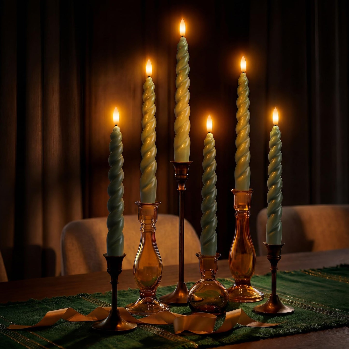 WYZworks 10" Flameless LED Taper Candles – Full Twisted Spiral – Loden Green, Set of 6 – Remote, 2/4/6/8-Hr Timer (24-hr Memory), Bottom On/Off Button, Dimmable, Battery Operated, Flicker/Steady
