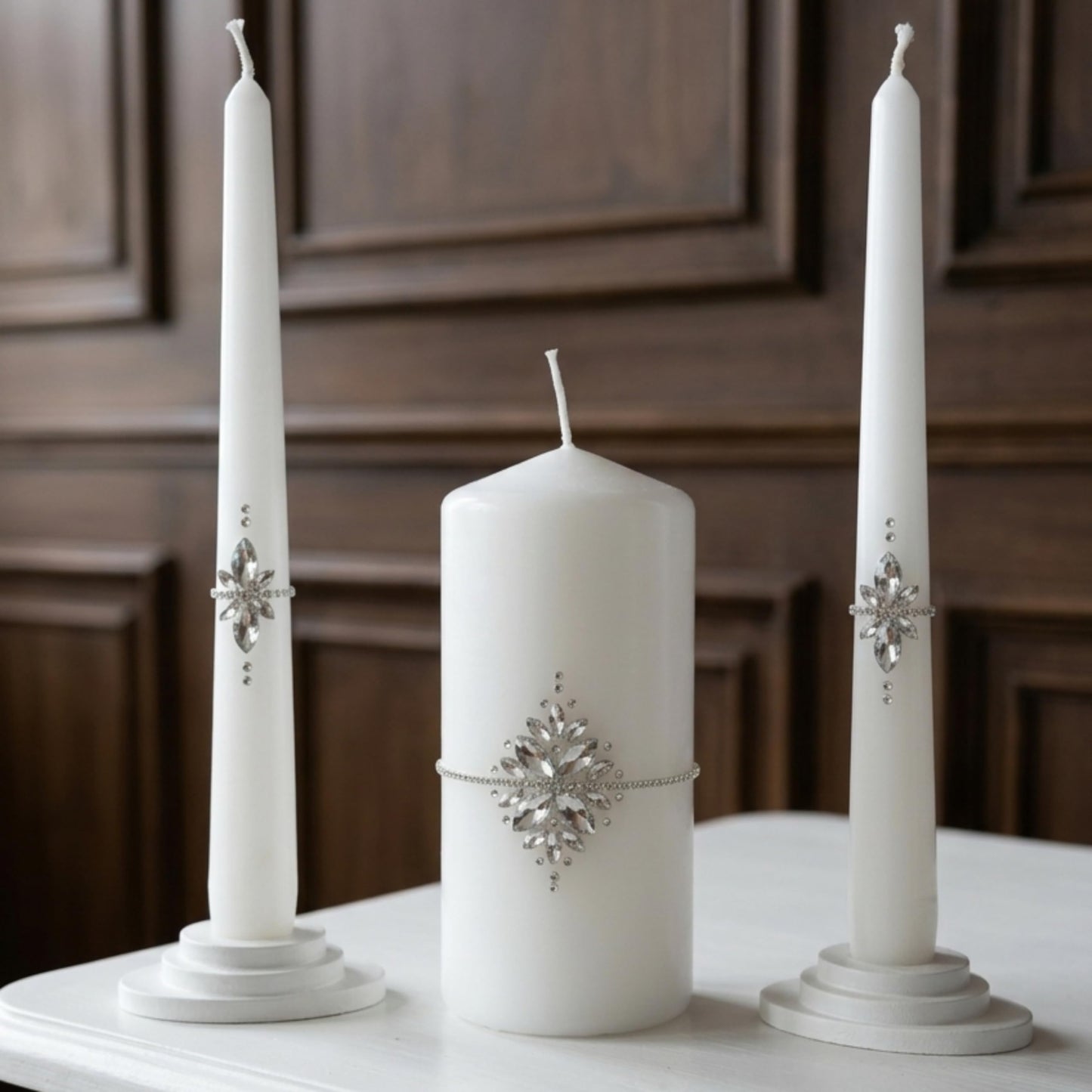 Magik Life Unity Candle Set - Wedding Ceremony & Reception – 6” Pillar & Two 10” Taper Candles – Long Burning Unity Candles for Marriage Ritual – Handmade in USA –White|Cristal|Classic