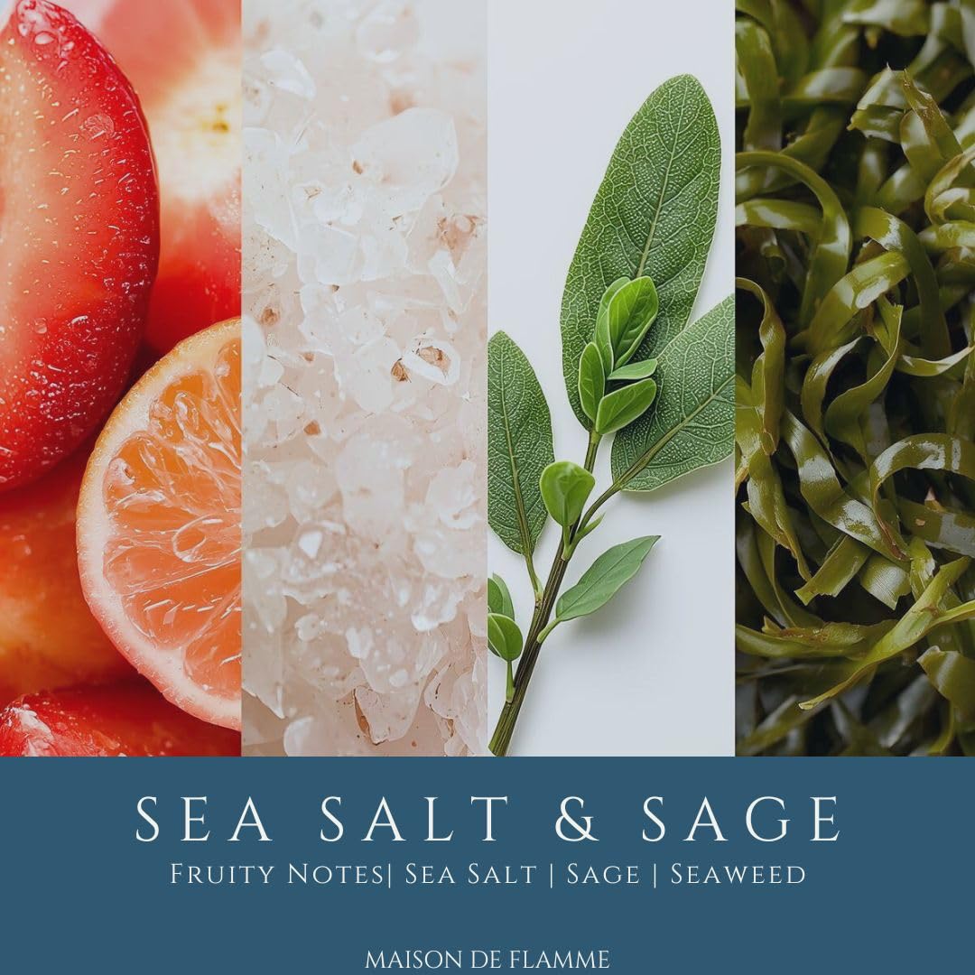 Sea Salt & Sage Soy Wax Candle – Fresh Coastal Scented Candle for Kitchen, Apartment & Home, Long Lasting Clean Burn Candle, 150g / 5.3 oz – Maison De Flamme