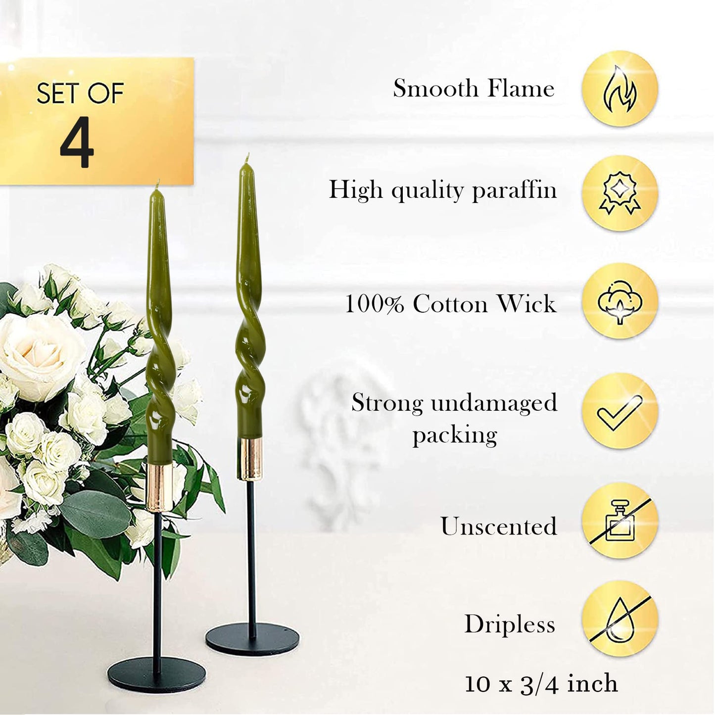 MAITREYA Olive Spiral Taper Candles Conical Stick Candles Taper Candles-Set of 4 for Decoration Weddings Party Church-Unscented Dripless Candles,10inch(Olive)
