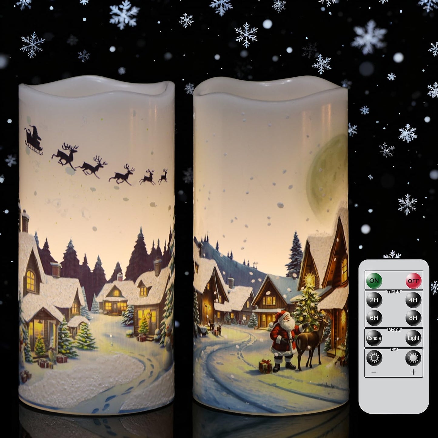 KunSwenn Christmas Flameless Candles, Christmas LED Battery Operated Candles with Remote Timer, Set of 2 Pillar Candle with Snow House, Santa, Reindeer Decals for Holiday Winter Decor(D6” x H3”)