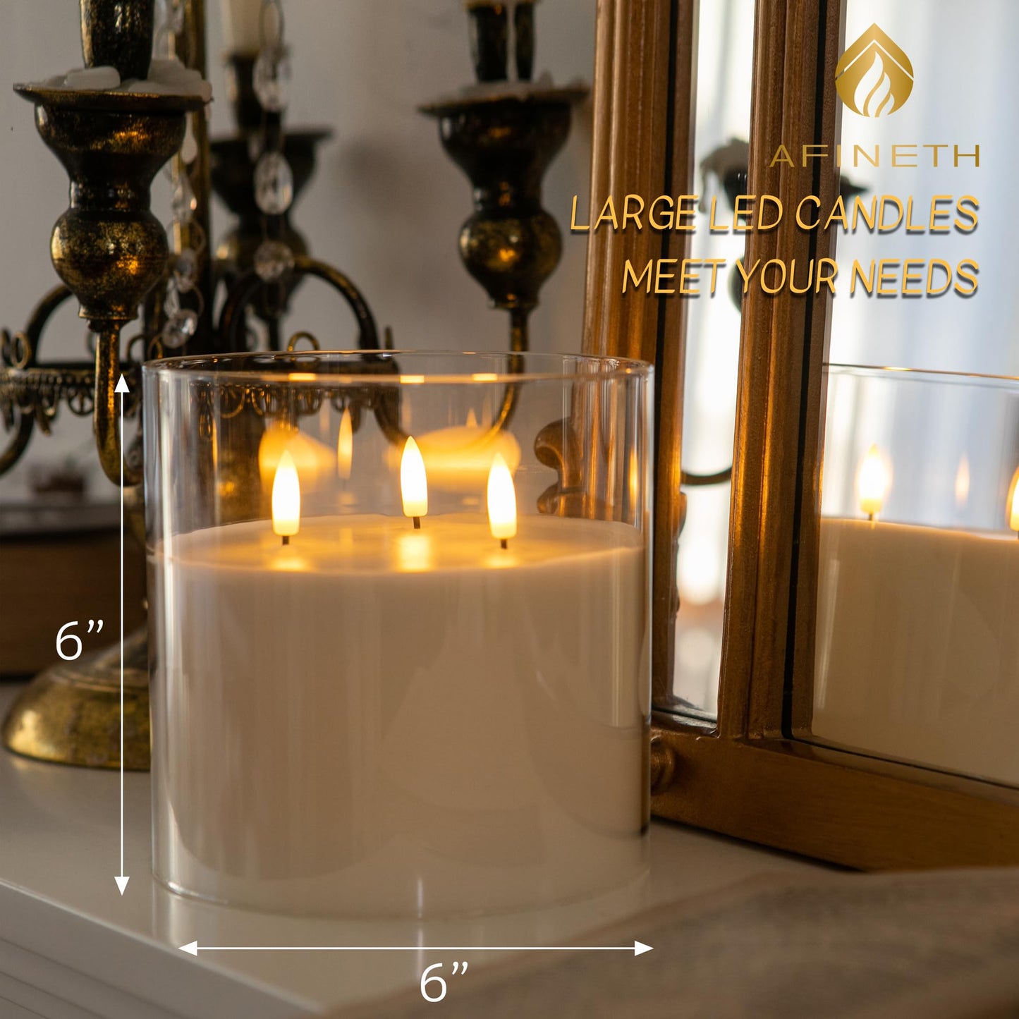 AFINETH Extra Large Flameless Candles with 3 Wicks, 6"x6" Glass Battery Operated Candles with Remote, Real Wax Flickering LED Candles Fake Candle for Home, Wedding, Party, Clear