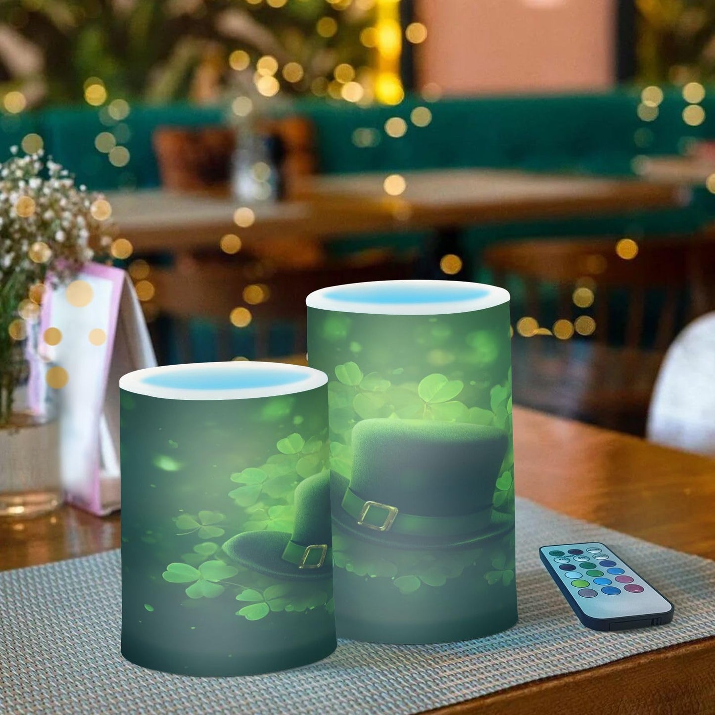 Flameless Candles Battery Operated St Patrick's Day Clover Flickering Led Pillar Candles With Remote Control Black Green Shamrock Colour Changing Warm Light Candles For Halloween Christmas Wedding