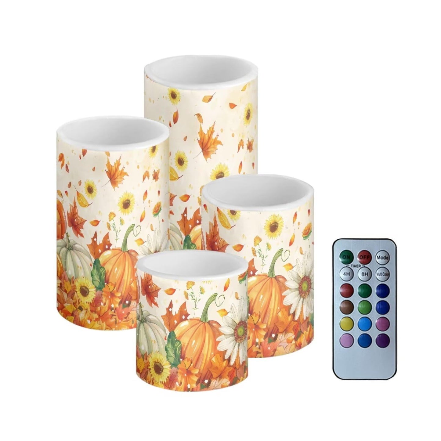 Merkmak Pack of 4 Thanksgiving Flickering Remote Flameless Candles Bulk Fall Sunflower Pumpkin Leaves Print Battery Operated LED Pillar Candles with Timer for Home Party Decoration