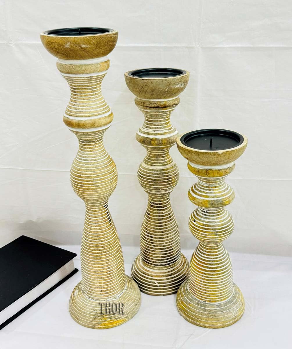 White Washed Hand Carved Wooden Pillar Candle Holders - Set of 3 | Chennai Decorative Style | Crafted from Mango Wood | Rustic Table Centerpiece Decor | Sized 18", 15" and 12"