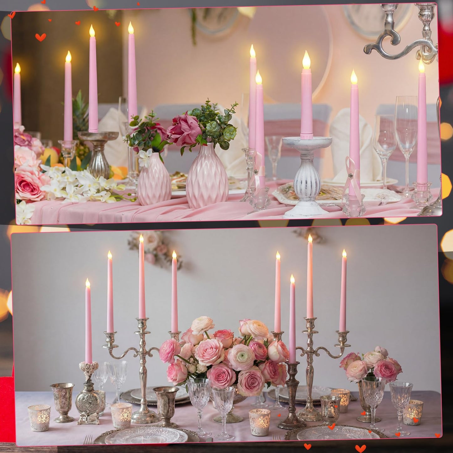 Baquler 120 Pcs Flameless Taper Candles with Remote and Timer 11" Battery Operated Candlesticks LED Flickering Faux Candles Warm Light for Wedding Holiday Party Home Decor (Pink)