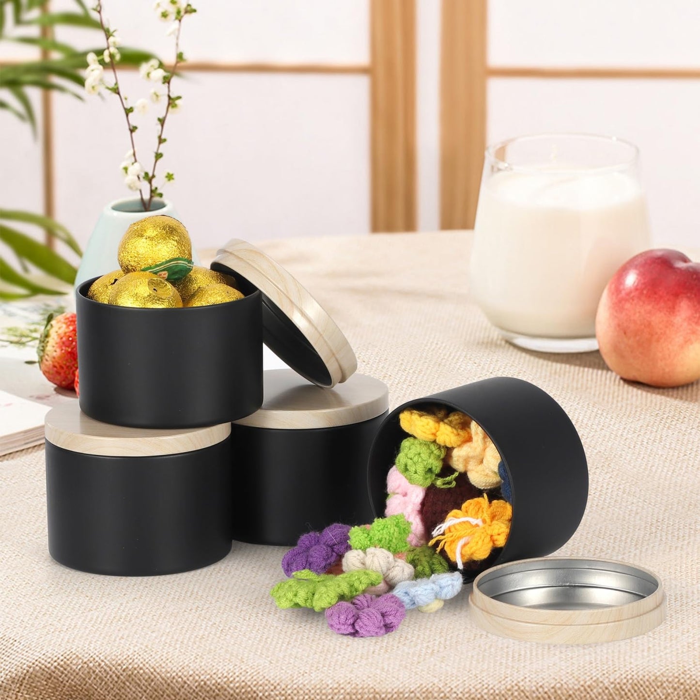 SONVIIBOX 24 PCS 4oz Candle Tins, Black tins with Wood-Grain Metal lids,Candle Jars for Making Candles Bulk,4 oz Candle Jars,Tin Jars for Candle Making (4OZ, Black)