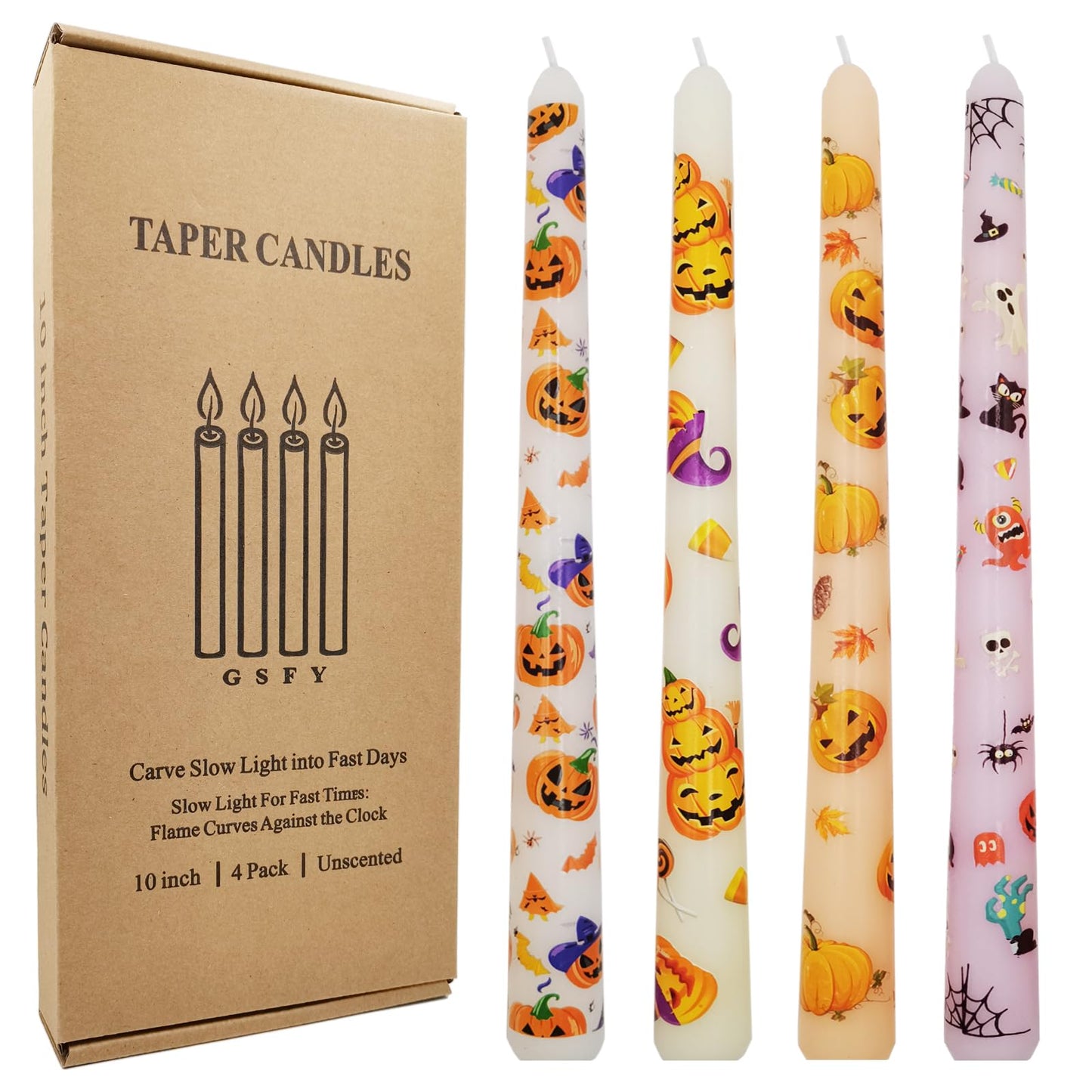FYBW 10-Inch Halloween Taper Candle Set of 4,Pumpkin Skeleton & Bat Prints, Spider Web Spooky Dinner Candles,Gift for Festive Halloween Day Decoration,White