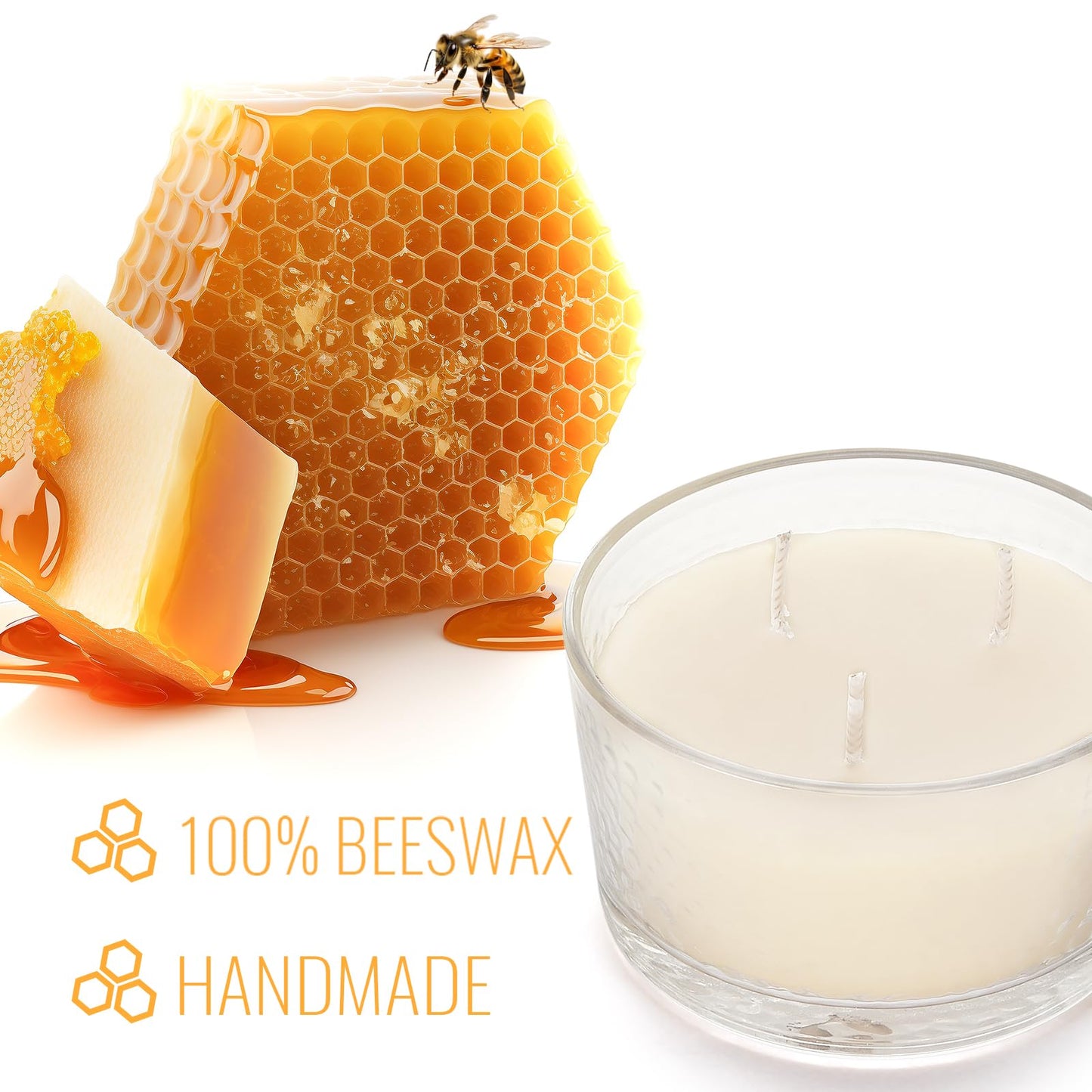 3-Wick Beeswax Candles in Glass Jar, Natural Unscented Beeswax Candles - 22 Hour Burn Time, Handmade Candles for Party, Holidays Gift, Dinning (Pack of 1, White)