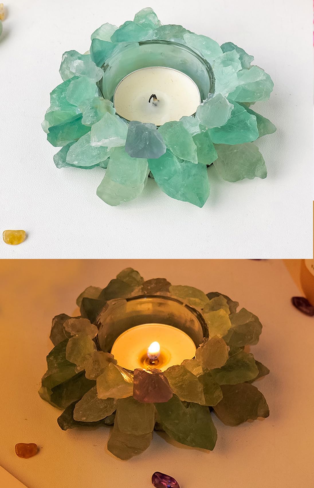 Natural Green Fluorite Crystals, Raw Crystal Tealight Candle Holder Crystal Stone Candle Stand High Energy Geode Votive with Healing Effects (Not Included Candle)