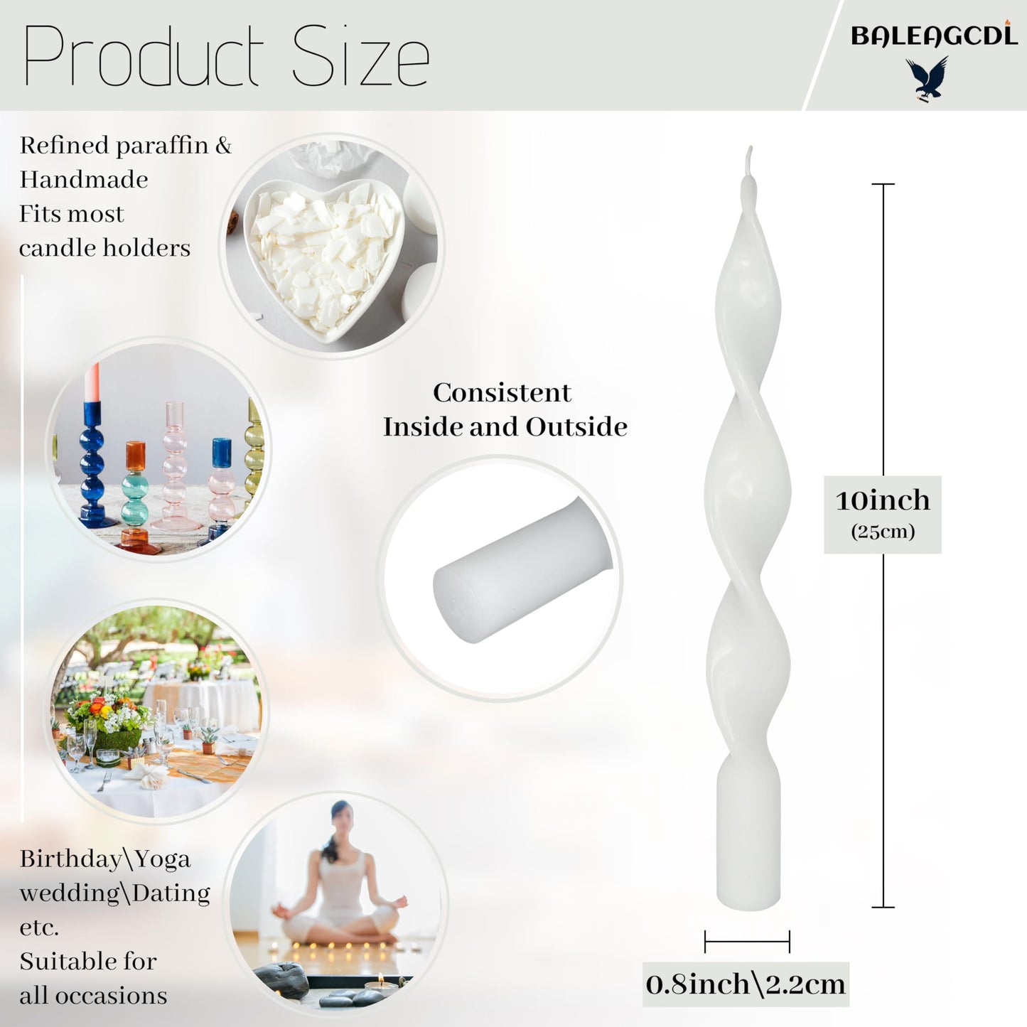 Smokeless White Spiral Taper Candle Unscented Taper Candlesticks Handmade 10 inch Long Twisted Candles for Wedding Home Decor Gift