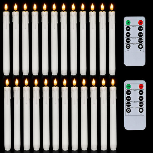Homemory 24 Pcs White Flameless Taper Candles with Remote Timer, Lifelike Taper Candles Battery Operated with Flickering Light, Plastic, Led Candlesticks, Christmas Home Wedding Decor, 9.6 Inches