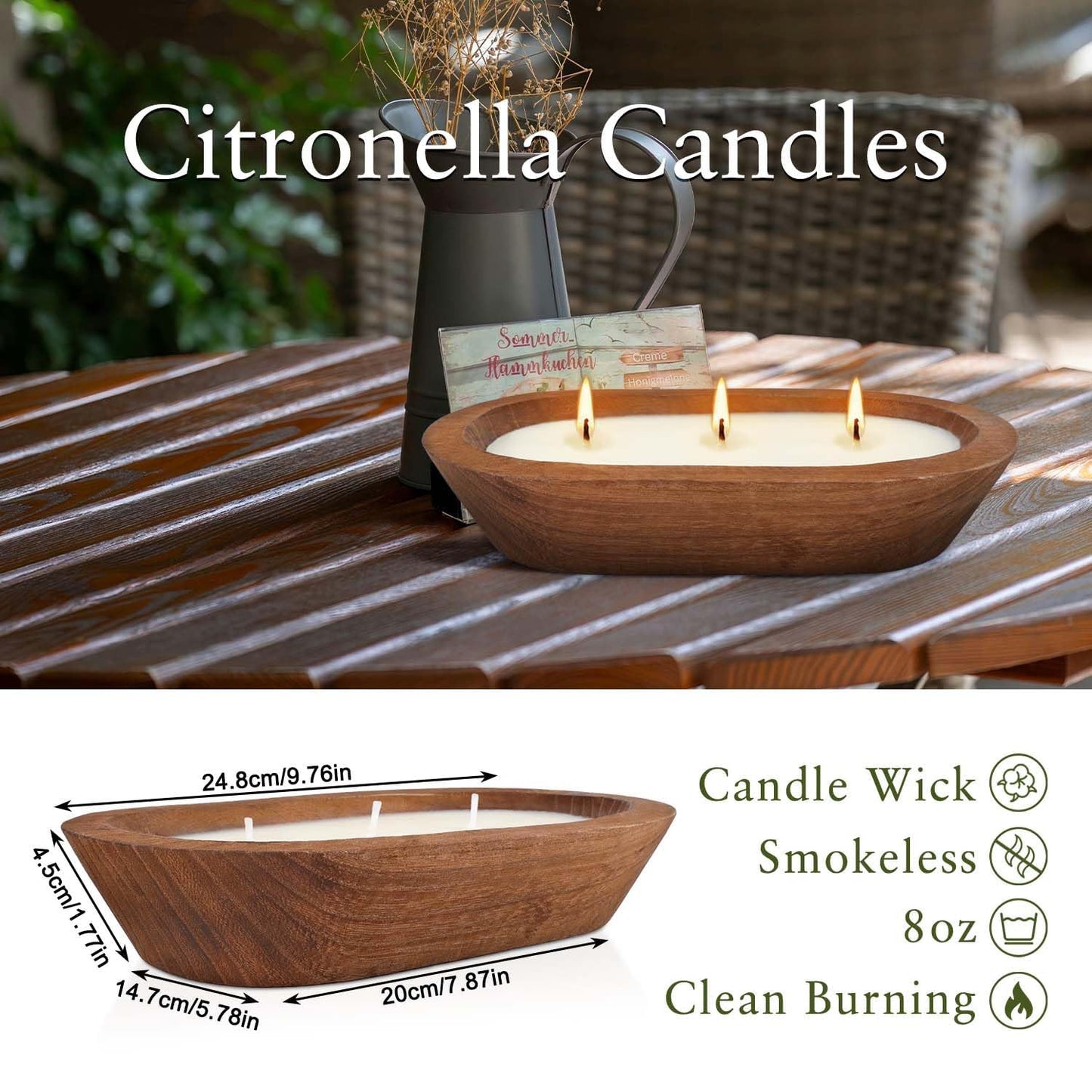 Citronella Scented 3-Wick Candle (8oz) Oval Wood Bowl Candle, Clean Burning & Smokeless, Decorative Soy Blend Candle for Home, Patio, Garden, Summer Gift.