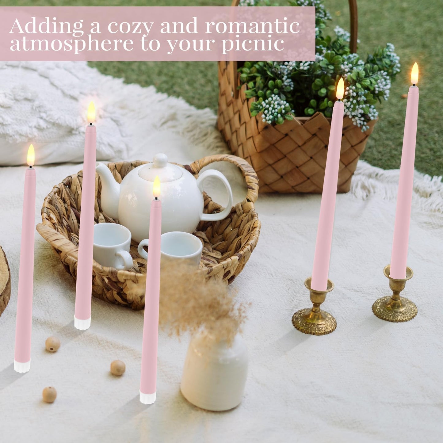 Macarrie 24 Packs Flameless Taper Candles Battery Operated Fake 11 Inch Long Candlelight LED Flameless Candlesticks Flickering Tapered for Spring Summer Wedding(Pink)