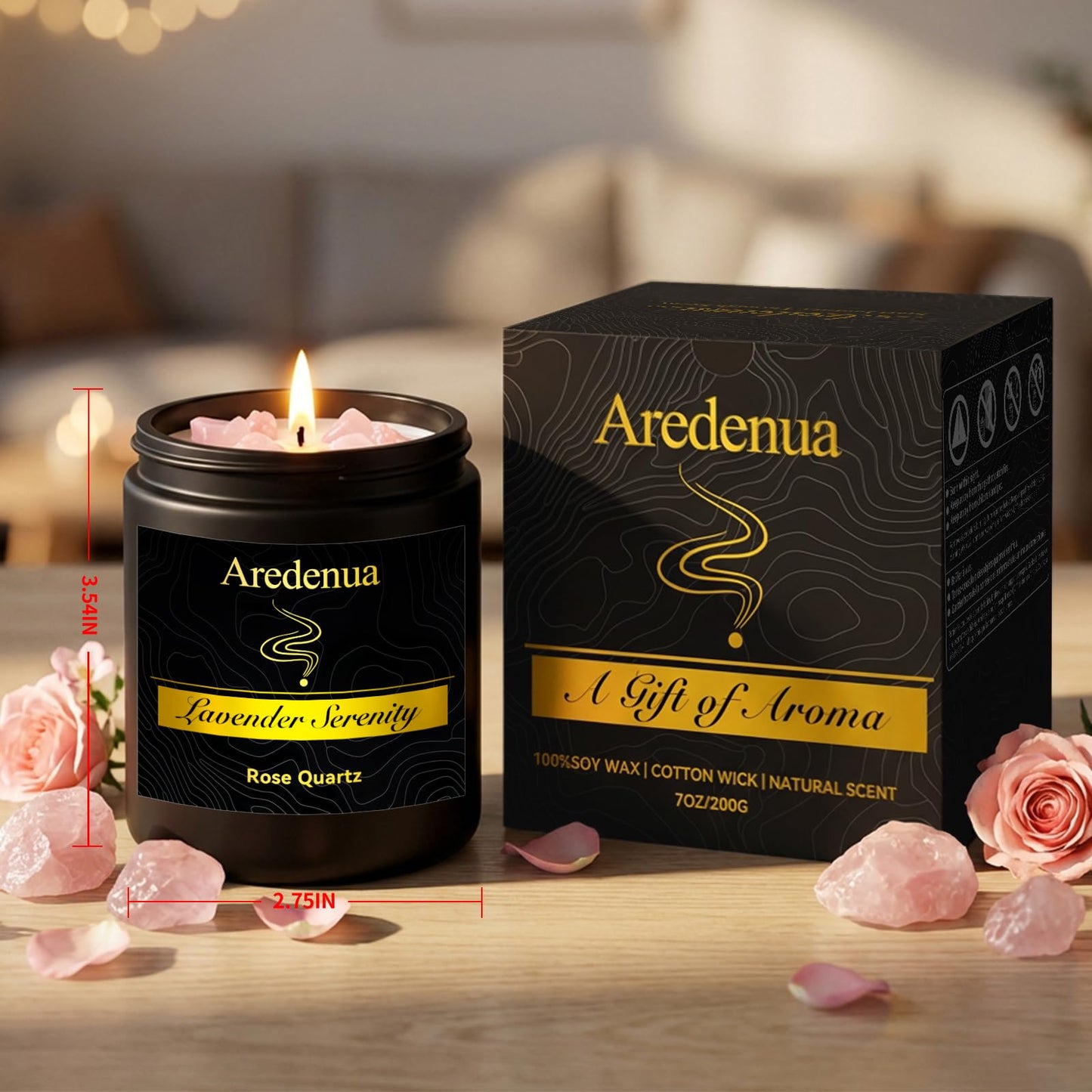 Aredenua Lavender Candle for Sleep and Stress Relief, Rose Quartz Crystal Healing Candle with Natural Soy Wax, Scented Candle for Relaxation, 7oz Long Lasting 50 Hours, Calming Gifts for Women Men