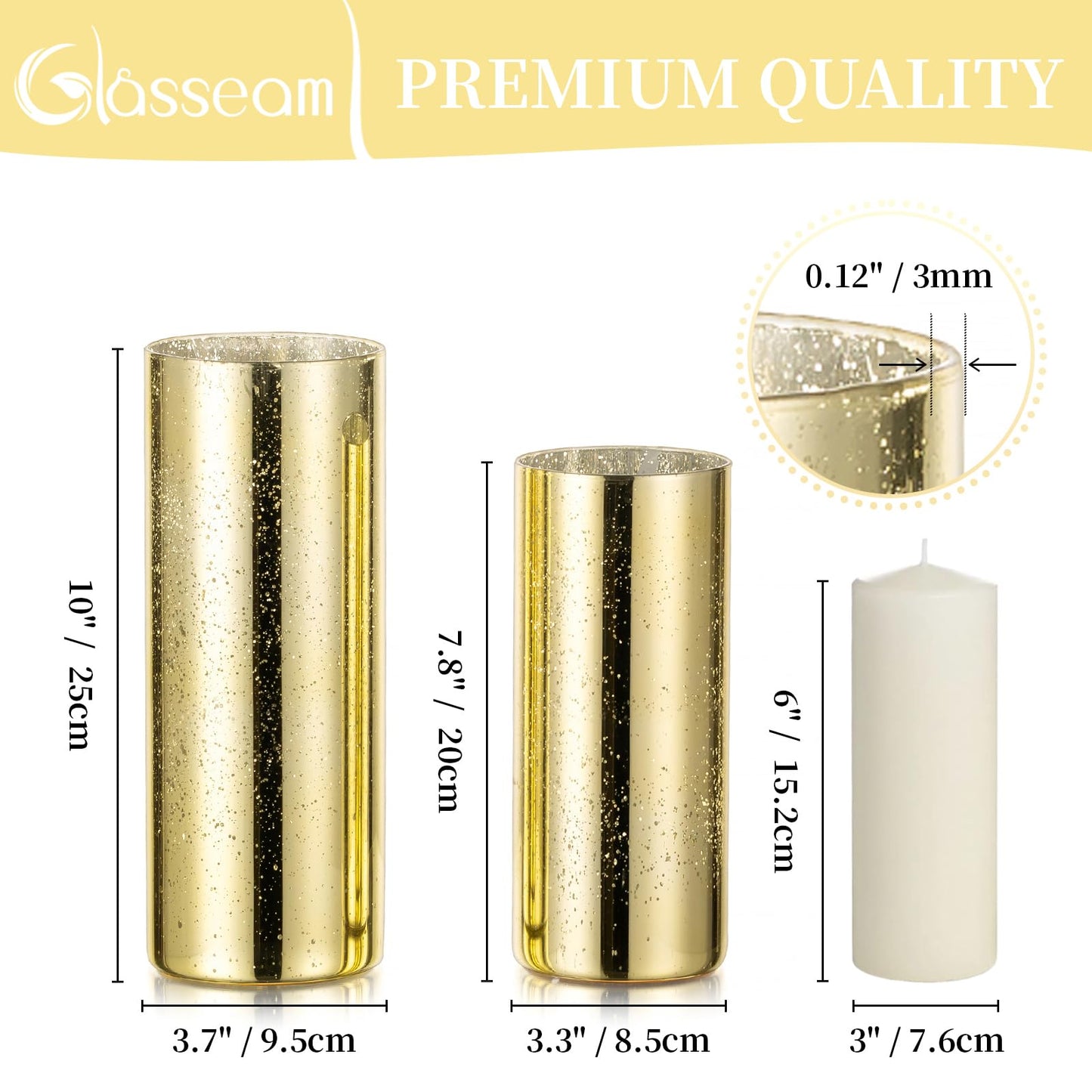 Glasseam Gold Hurricane Candle Holder Set of 2, Mercury Glass Candle Holder, Cylinder Candle Holders for Pillar Candles, Floating Candle Vases for Centerpieces Wedding Table Christmas Party 7.8''+10''