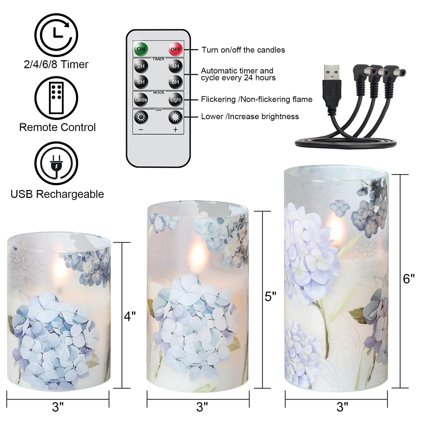 DRomance Rechargeable Hydrangea Glass Flameless Candles with Remote Timer Battery Operated LED Flickering Pillar Candles Real Wax Spring Dinner Christmas Holiday Decor D3 x H4, 5", 6"