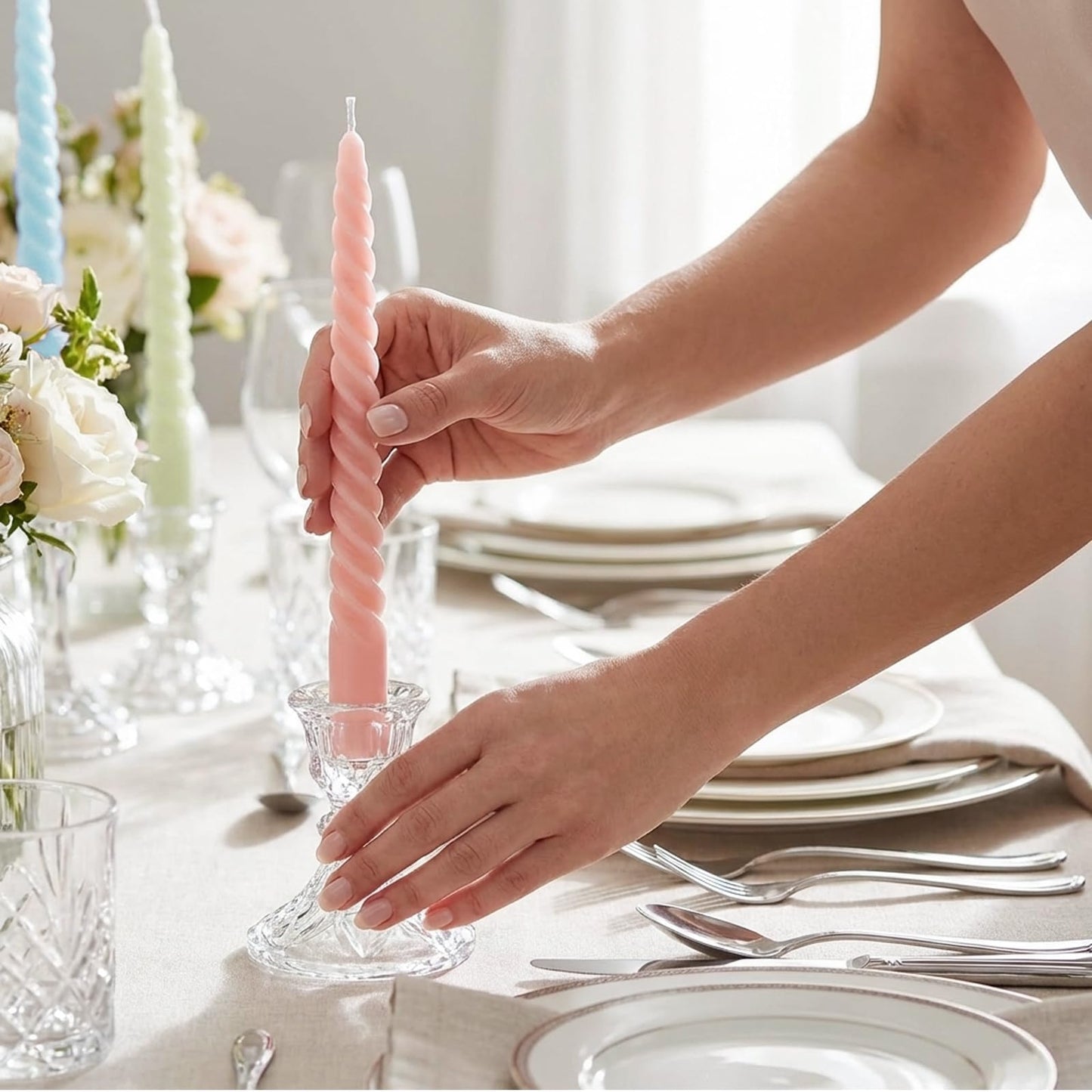 Whaline 12Pcs 10 Inch Cream Spiral Taper Candles 6 Colors Dripless Twisted Wax Candles Long Unscented Smokeless Candle Sticks for Holiday Birthday Celebration Home Party Dining Table Supplies