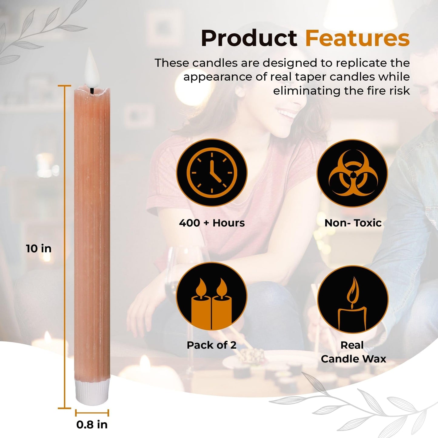 comforder Flameless Taper Candles – Flickering LED Flame with 6H Timer – Real Wax, Ribbed Design – Battery Operated Set of 2 – 10" Tall (Mauve)